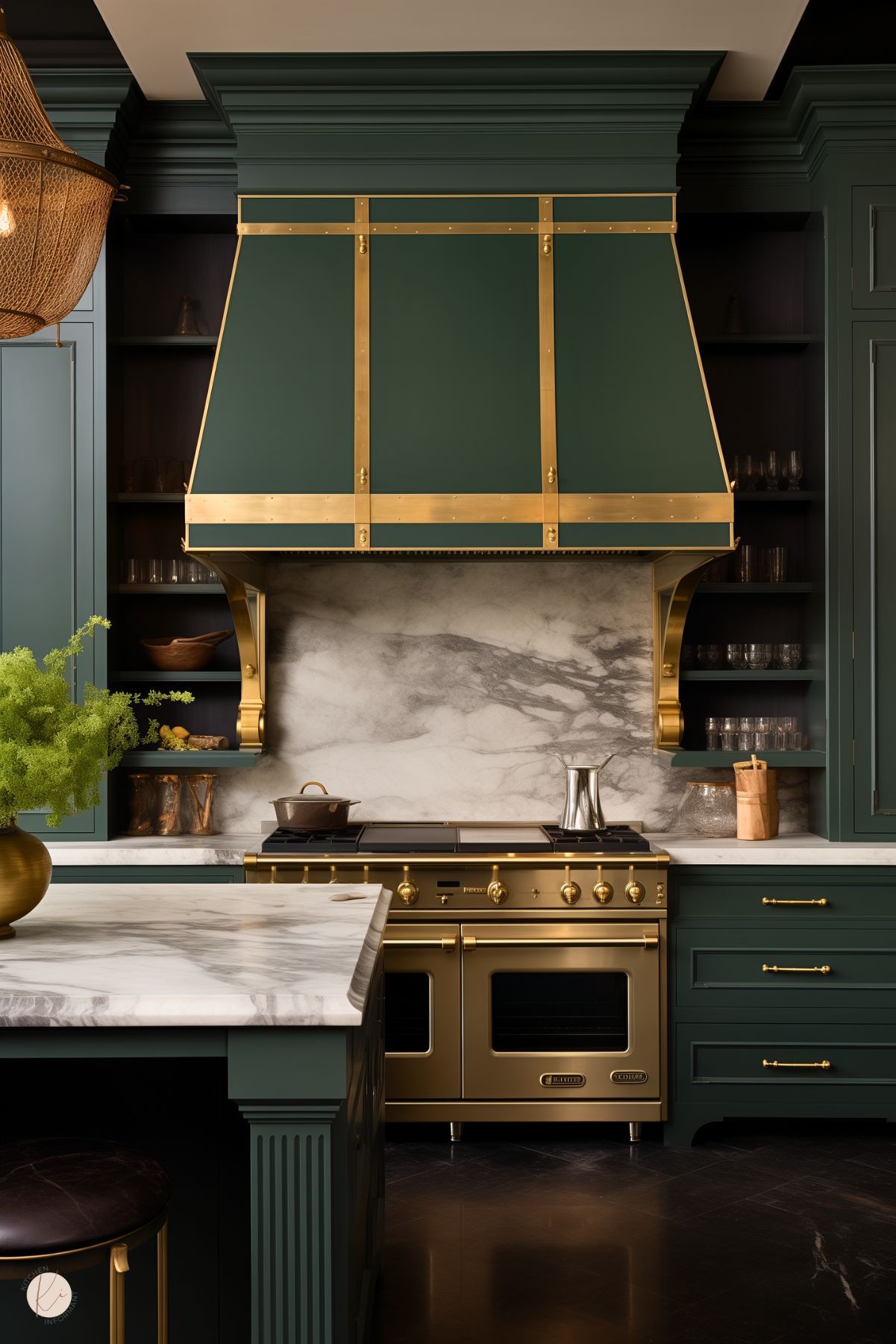 A luxurious kitchen featuring forest green cabinetry and an oversized custom range hood with brass detailing. The centerpiece is a professional-grade gold range set against a dramatic white and gray marble backsplash. Brass hardware and accents enhance the elegant design, while open shelving displays glassware and decor. A marble countertop and a vase with vibrant greenery add richness to the space, complemented by dark floors and ornate details.