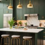 A modern kitchen with forest green cabinetry and brass hardware, featuring a large island with a white marble countertop and gold faucet. Three brass pendant lights hang above the island, which is paired with stylish gray barstools with gold frames. The backsplash showcases dramatic white marble with dark veining, complemented by a stainless steel range hood. Vibrant greenery adds a fresh and inviting touch to this sophisticated design.