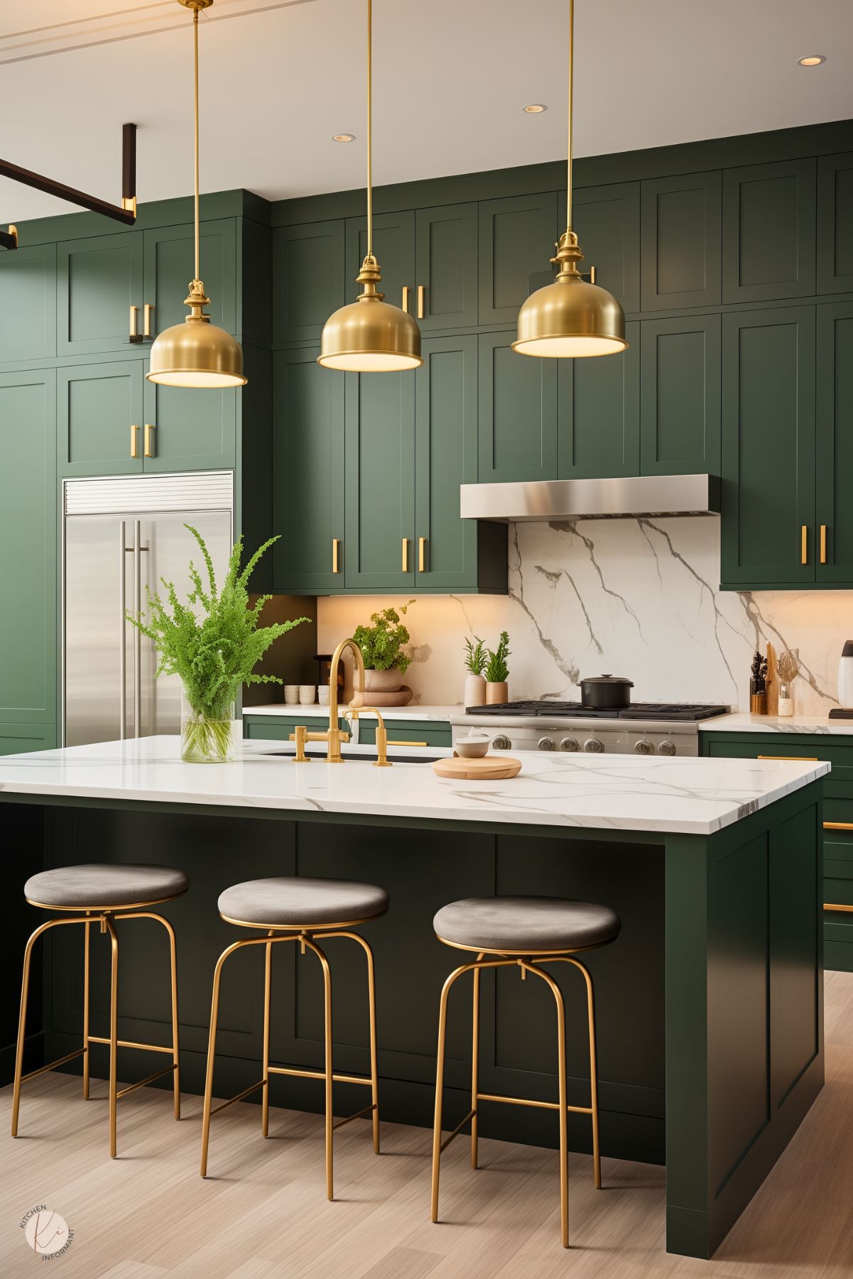 A modern kitchen with forest green cabinetry and brass hardware, featuring a large island with a white marble countertop and gold faucet. Three brass pendant lights hang above the island, which is paired with stylish gray barstools with gold frames. The backsplash showcases dramatic white marble with dark veining, complemented by a stainless steel range hood. Vibrant greenery adds a fresh and inviting touch to this sophisticated design.