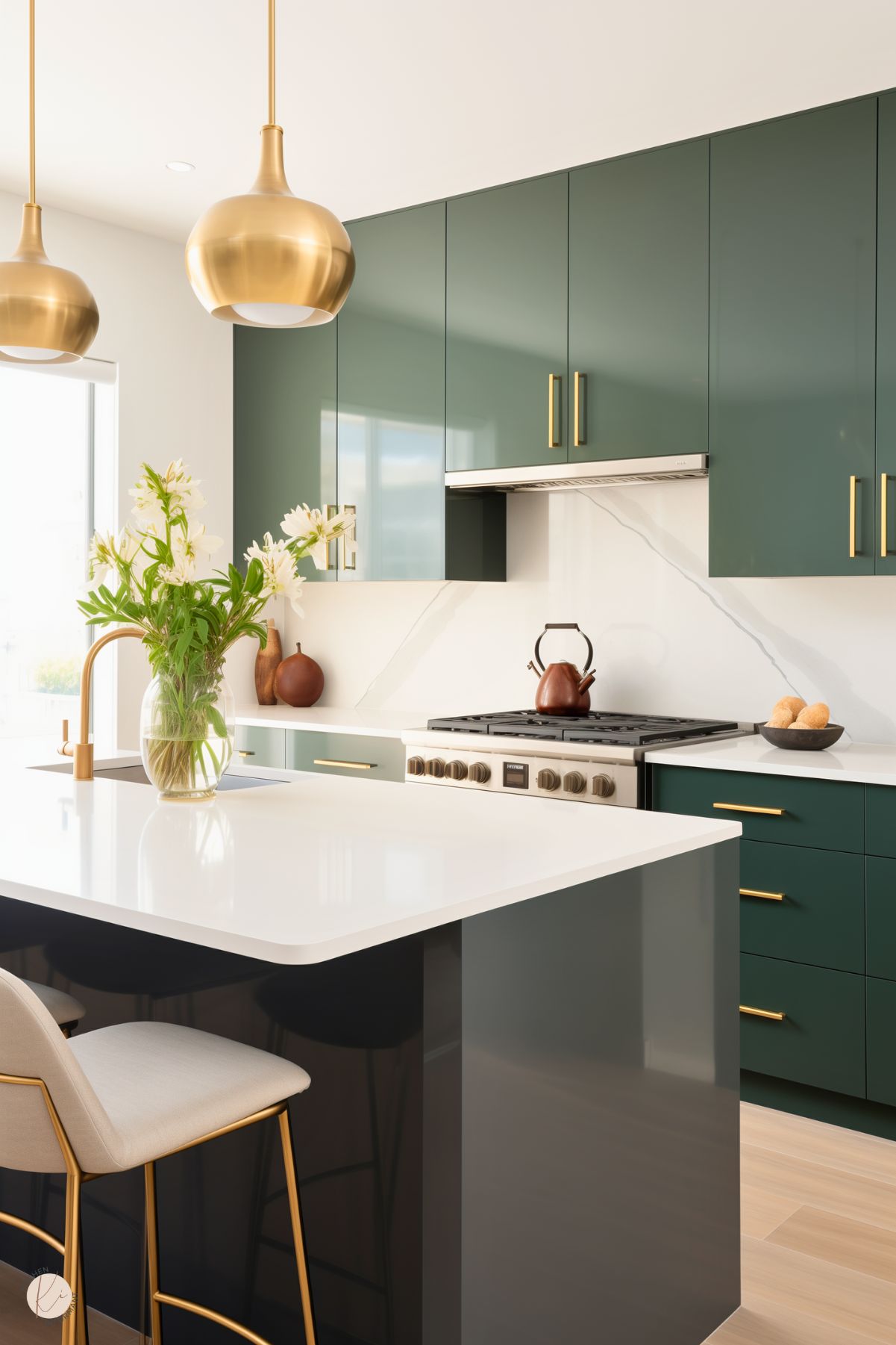 A modern kitchen featuring sleek forest green cabinetry with brass hardware and a clean white countertop. The island is accented with gold pendant lights and paired with a white and brass barstool. The backsplash is a smooth white surface with subtle veining, enhancing the minimalist aesthetic. A vase with fresh white flowers adds a natural touch, while the overall design exudes a polished, contemporary vibe.