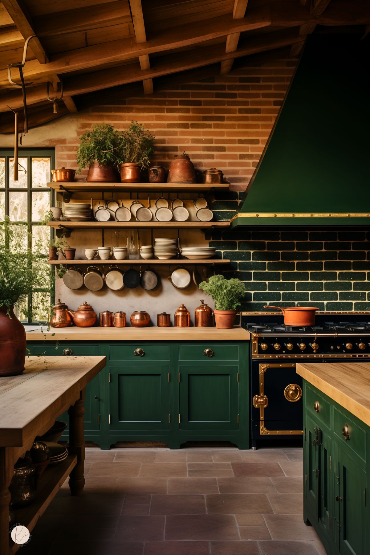 A rustic kitchen with forest green cabinetry and natural wood countertops, set against a backdrop of warm brick walls and a vaulted wooden ceiling. Open shelves hold white dishes and copper cookware, adding charm and functionality. A striking black and gold range sits below a matching green hood with brass accents. The space is enriched by potted greenery, copper decor, and earthy tones, creating a cozy, old-world ambiance.