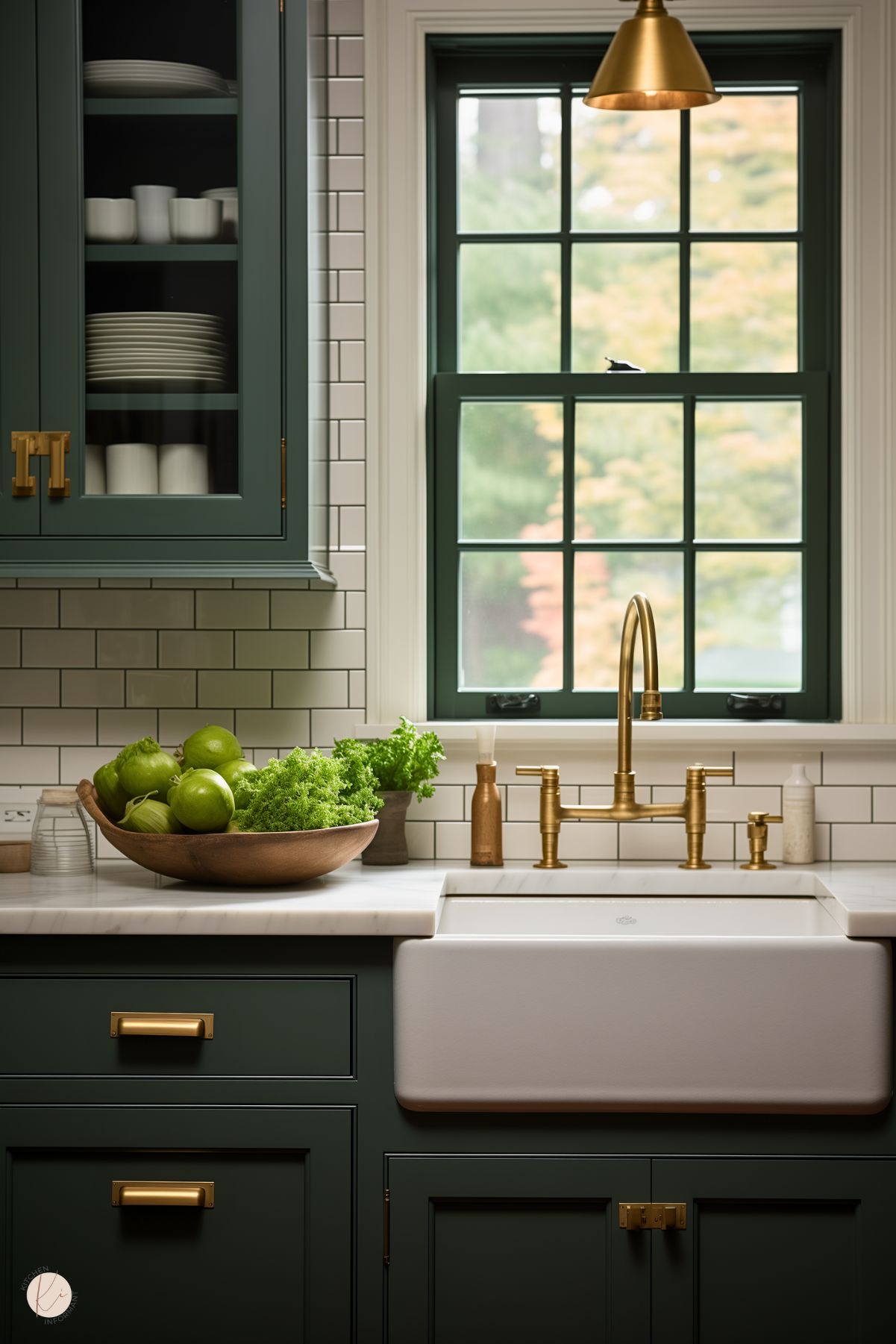 A classic kitchen featuring forest green cabinetry with brass hardware and a white farmhouse sink. The brass faucet stands out against a white subway tile backsplash with dark grout. A black-framed window lets in natural light, enhancing the cozy atmosphere. A wooden bowl with green apples and fresh greens adds a touch of warmth and vibrancy, while the brass pendant light above completes the timeless design.