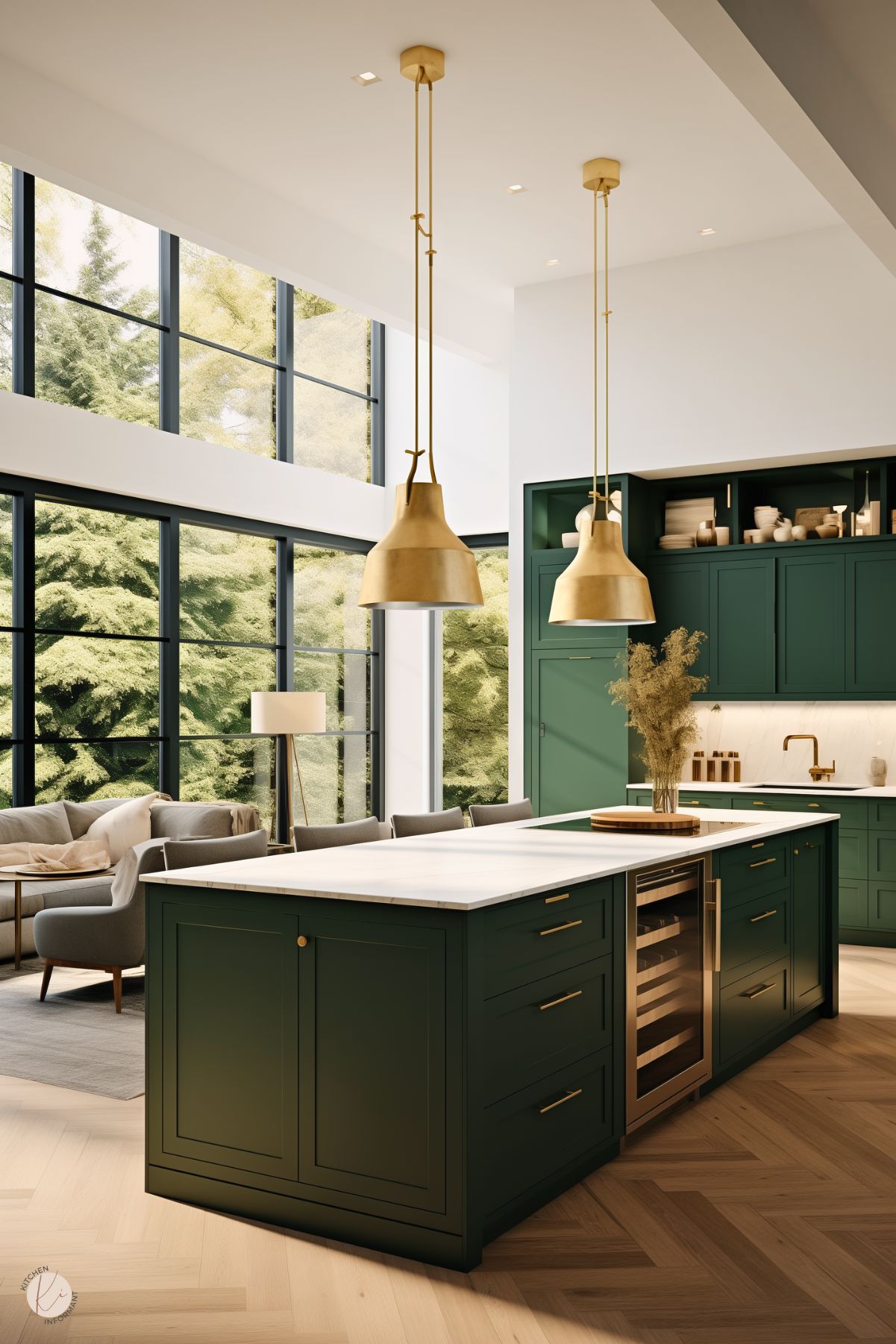 A contemporary kitchen featuring forest green cabinetry with brass hardware and fixtures. A spacious island with a white countertop and built-in wine cooler takes center stage, surrounded by sleek barstools. Two large brass pendant lights hang above the island, complementing the design. Floor-to-ceiling windows reveal a lush, green outdoor view, filling the space with natural light. Warm wood flooring enhances the inviting atmosphere.