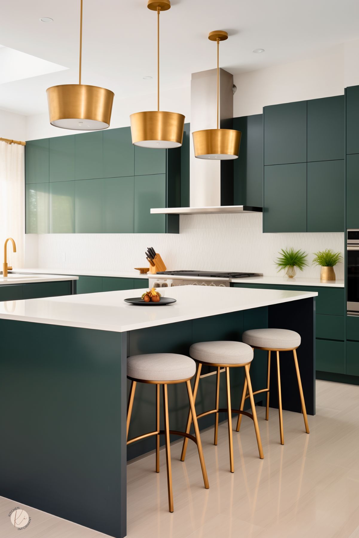 A sleek, modern kitchen with glossy forest green cabinetry and brass accents. The island features a pristine white countertop paired with minimalist brass barstools with cushioned seats. Three brass drum pendant lights hang above the island, complementing the gold faucet on the adjacent counter. The bright, airy space is enhanced by subtle greenery and clean lines throughout.