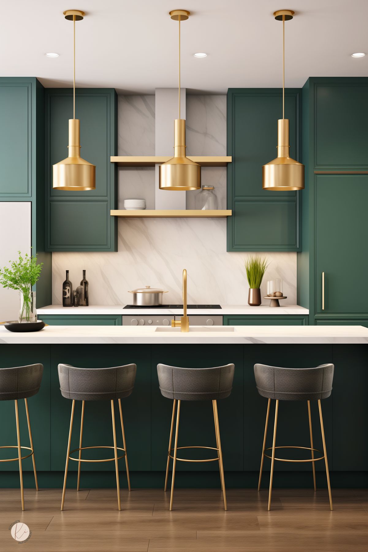 A modern kitchen with forest green cabinetry, brass hardware, and a white marble backsplash. Three large brass pendant lights hang over a white countertop island with gold fixtures. The island features dark gray barstools with gold legs, and the room has warm wood flooring. Open shelves display minimal decor, enhancing the clean and elegant design.