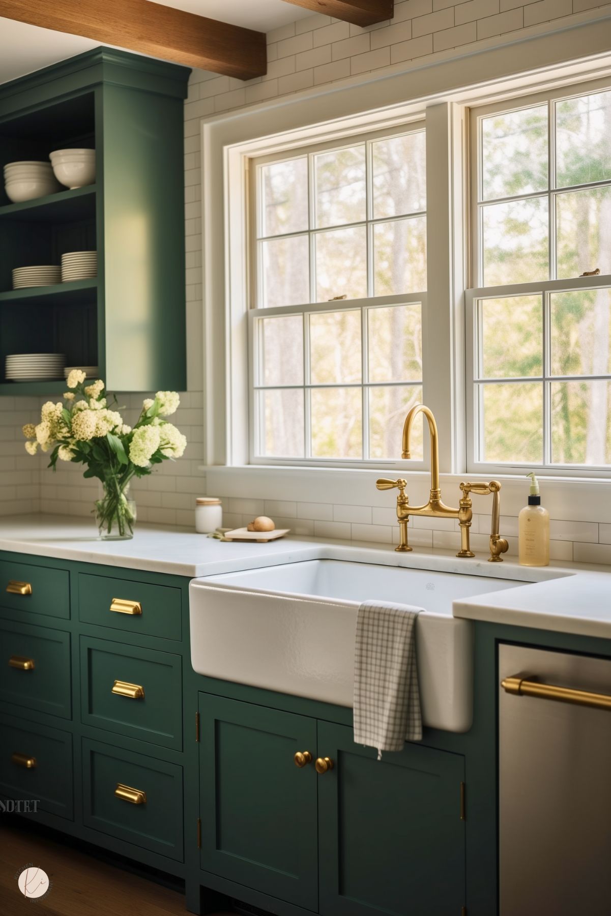 A charming kitchen featuring forest green cabinetry with brass hardware and a white farmhouse sink. The gold faucet stands out against the white subway tile backsplash. A large window lets in natural light, highlighting the wooden beams above. Open shelves display neatly stacked white dishes, while a vase of white flowers adds a fresh, welcoming touch to the space.