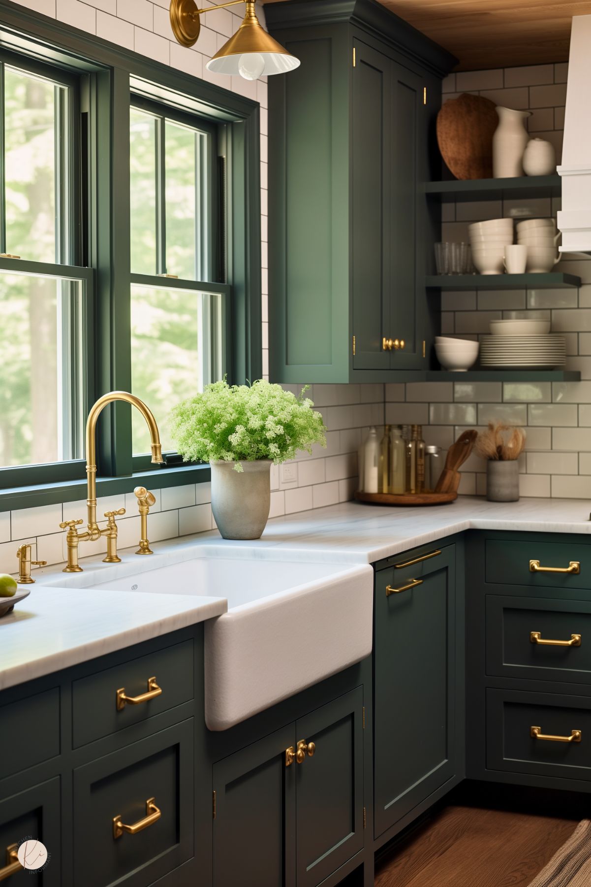 A cozy kitchen with forest green cabinetry and brass hardware, featuring a white farmhouse sink with a vintage-style brass faucet. The white subway tile backsplash is paired with dark grout, creating a classic look. Open shelves display white dishes and neutral decor, while a potted plant adds a fresh touch near the window. A brass sconce light above the window enhances the warm and inviting atmosphere.