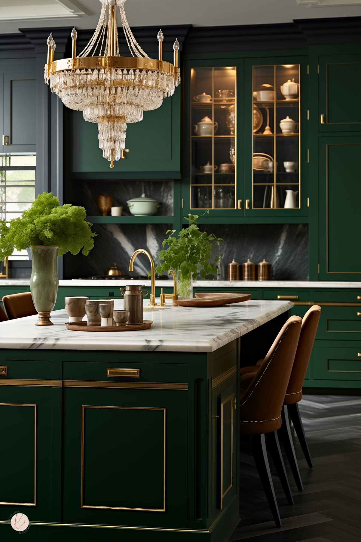 A luxurious kitchen with forest green cabinetry and gold accents, featuring a stunning crystal chandelier with brass detailing. The marble island countertop includes a gold faucet and is decorated with a green vase, ceramic cups, and a wooden tray. The glass-front cabinets display fine china, while the black marble backsplash adds contrast. Rich leather barstools complete the sophisticated look.