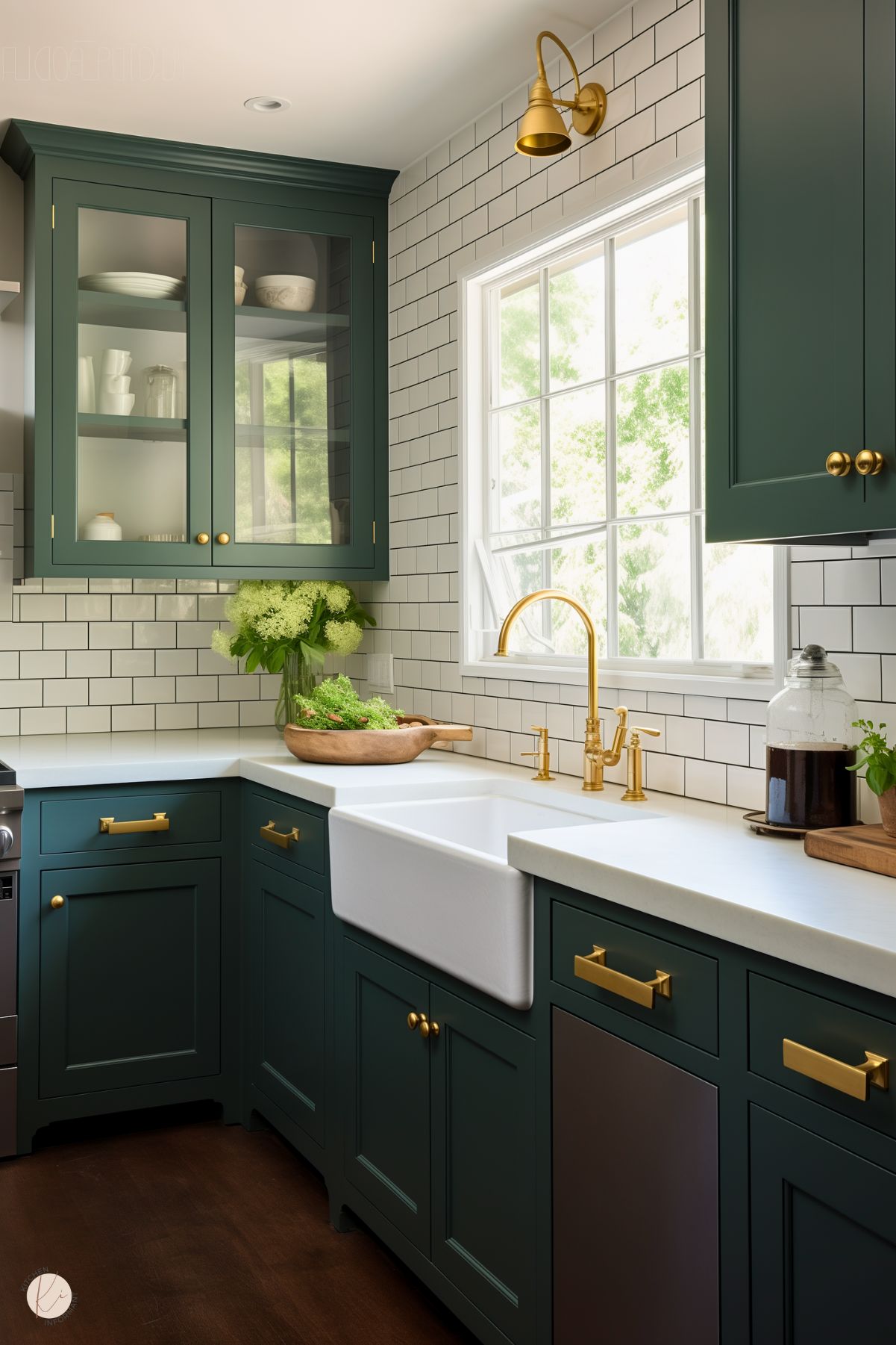 A charming kitchen featuring forest green cabinetry with brass hardware and a white farmhouse sink. The backsplash consists of classic white subway tiles with dark grout, complementing the clean and timeless design. A gold faucet adds a touch of elegance, while a wooden bowl filled with fresh greens and a glass vase with hydrangeas bring natural warmth. A brass sconce light above the window enhances the inviting atmosphere.