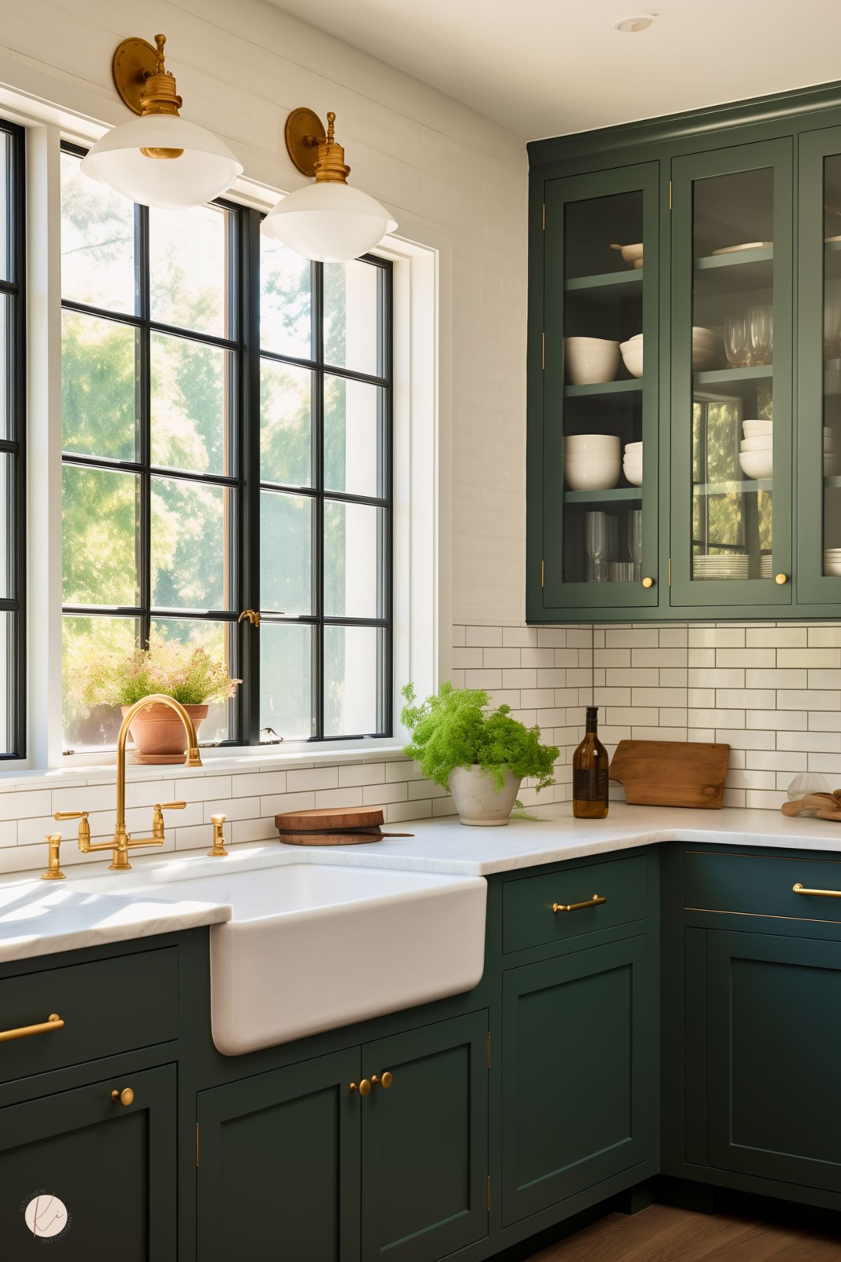 A charming kitchen with forest green cabinetry and brass hardware, featuring a white farmhouse sink and a gold faucet. The backsplash is composed of white subway tiles with dark grout, adding a classic touch. Black-framed windows let in abundant natural light, while brass sconces above provide additional warmth. Potted greenery and simple decor complete the inviting and timeless design.