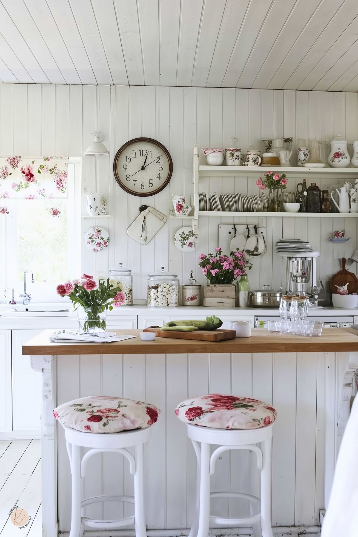 A bright and airy French cottage kitchen with white beadboard walls and open shelving adorned with floral-patterned dishes and teapots. A wooden countertop with floral-cushioned white stools adds warmth and charm. A large wall clock and pink flowers enhance the vintage aesthetic, while glass jars filled with marshmallows and pantry items sit neatly on the counter. A floral Roman shade completes the cozy look.