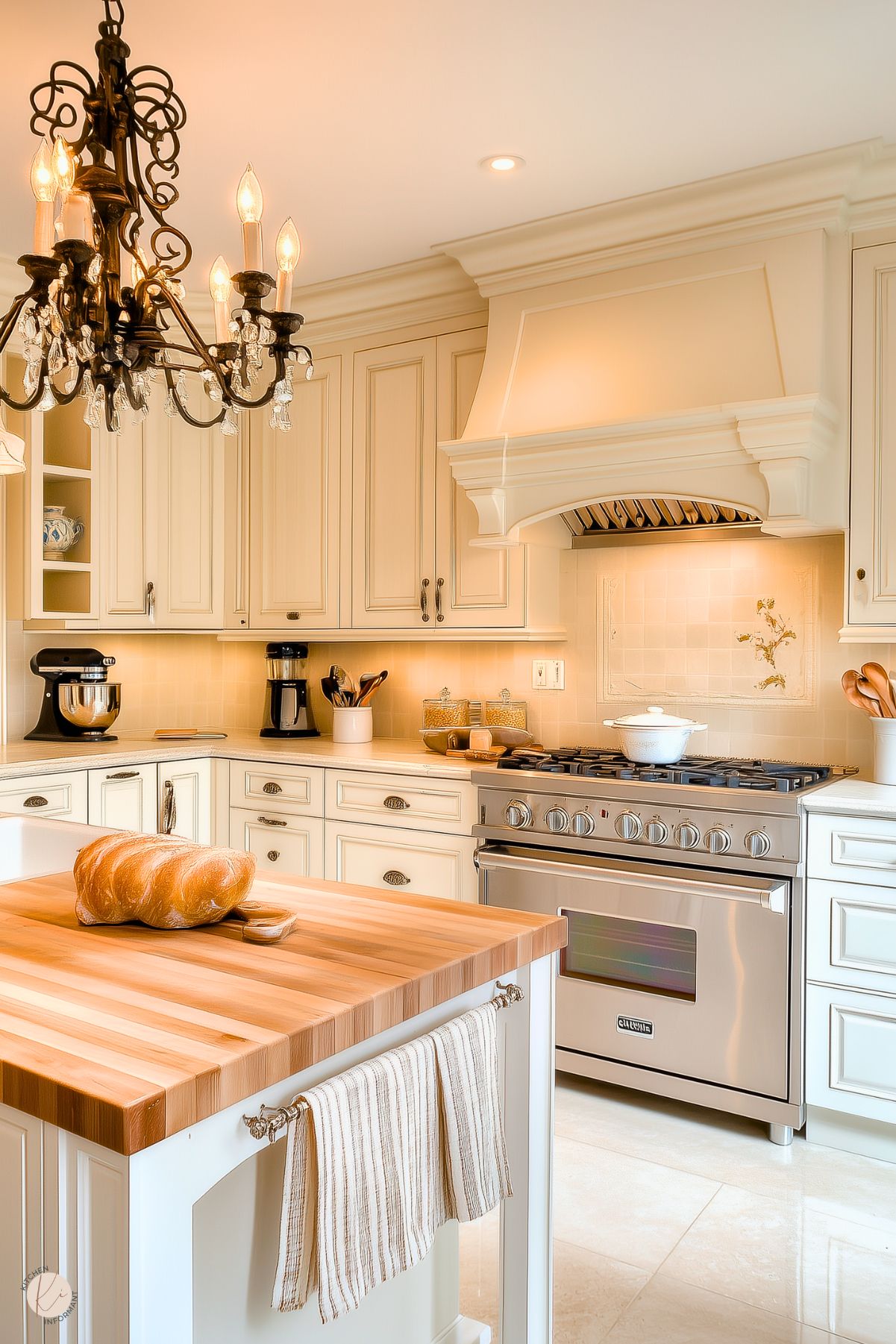 A bright French cottage kitchen with cream cabinetry, a farmhouse sink, and a polished stainless steel range. The centerpiece is a wooden butcher block island with a striped towel and a freshly baked loaf of bread. A black wrought-iron chandelier with crystal accents adds elegance, while soft under-cabinet lighting highlights the tiled backsplash with delicate floral details. The space exudes warmth and classic charm.