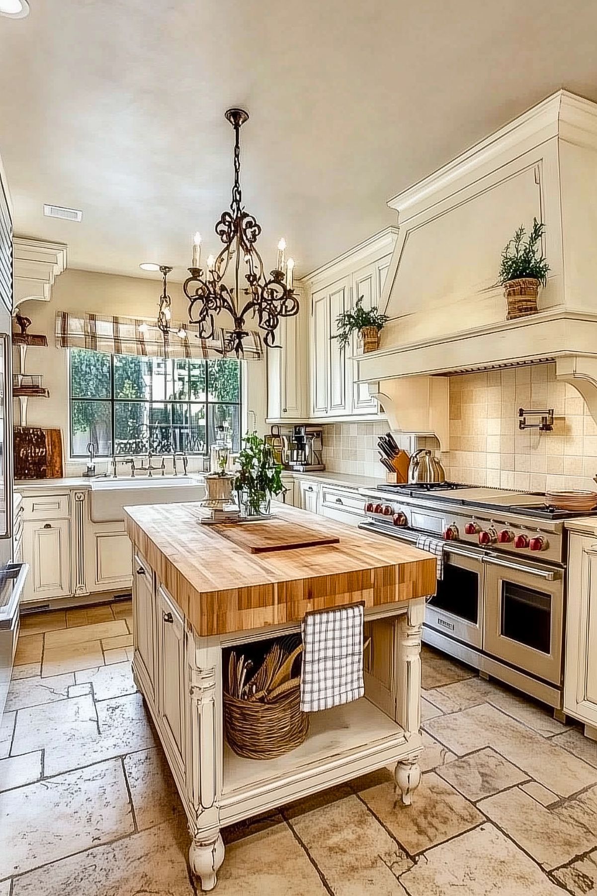 A classic French cottage kitchen with cream cabinetry, a large butcher block island, and stone tile flooring. The space features a farmhouse sink with a plaid Roman shade over a large window. A wrought-iron chandelier adds elegance, while potted plants on the range hood bring warmth. The kitchen includes a professional-grade range and neatly arranged cutting boards and utensils for a welcoming, functional atmosphere.






