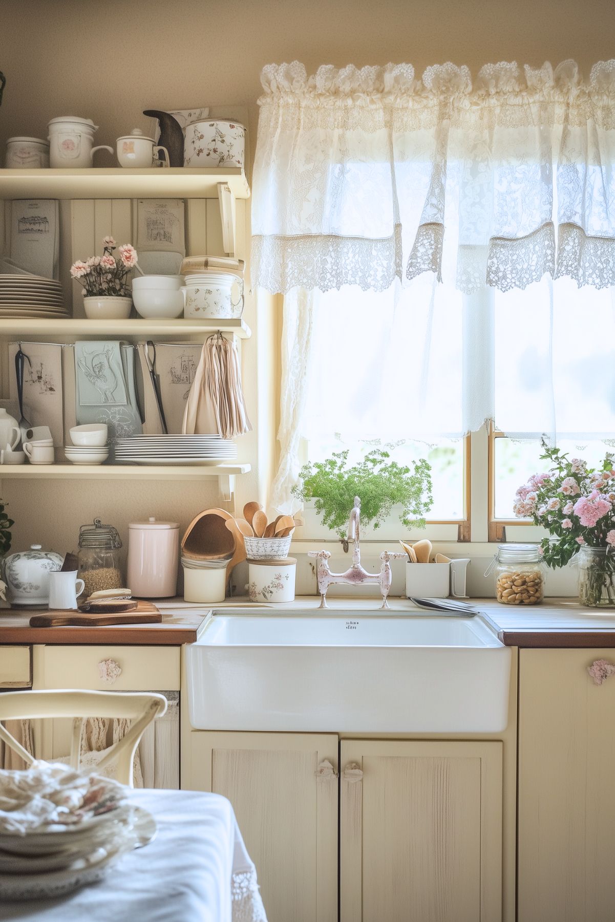 A delicate French cottage kitchen with cream cabinets and a farmhouse sink adorned with a vintage pink faucet. Open shelving displays floral-patterned dishes, teapots, and rustic decor. The window, framed with lace curtains, allows soft natural light to illuminate the space, where fresh greenery and a vase of pink roses add charm. Wooden utensils and glass jars with pantry staples complete the cozy and inviting atmosphere.