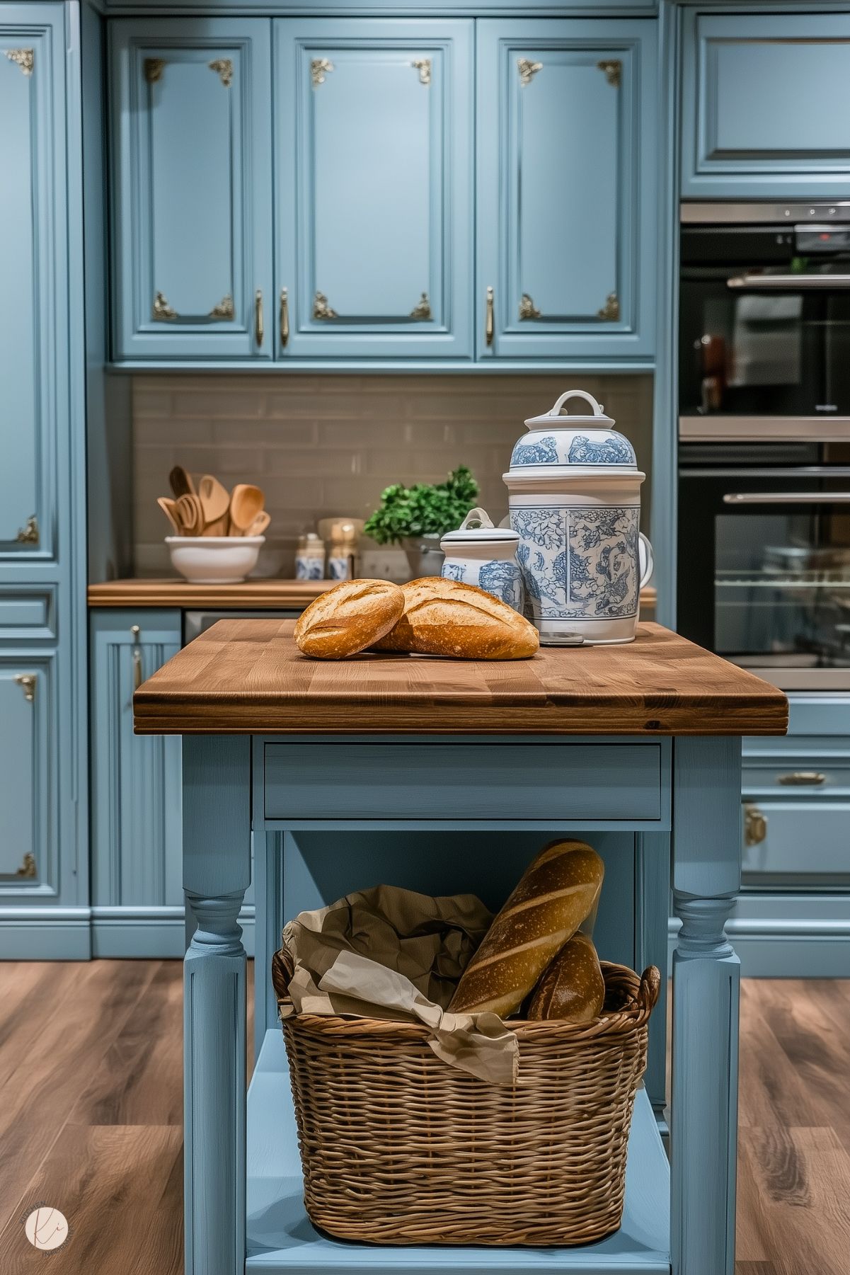 A charming French cottage kitchen with powder blue cabinets featuring gold accents and a warm wooden countertop. The centerpiece is a small island adorned with freshly baked bread and blue-and-white porcelain jars. A wicker basket filled with baguettes is tucked neatly underneath the island. The soft subway tile backsplash and cozy lighting add to the inviting ambiance of the space.