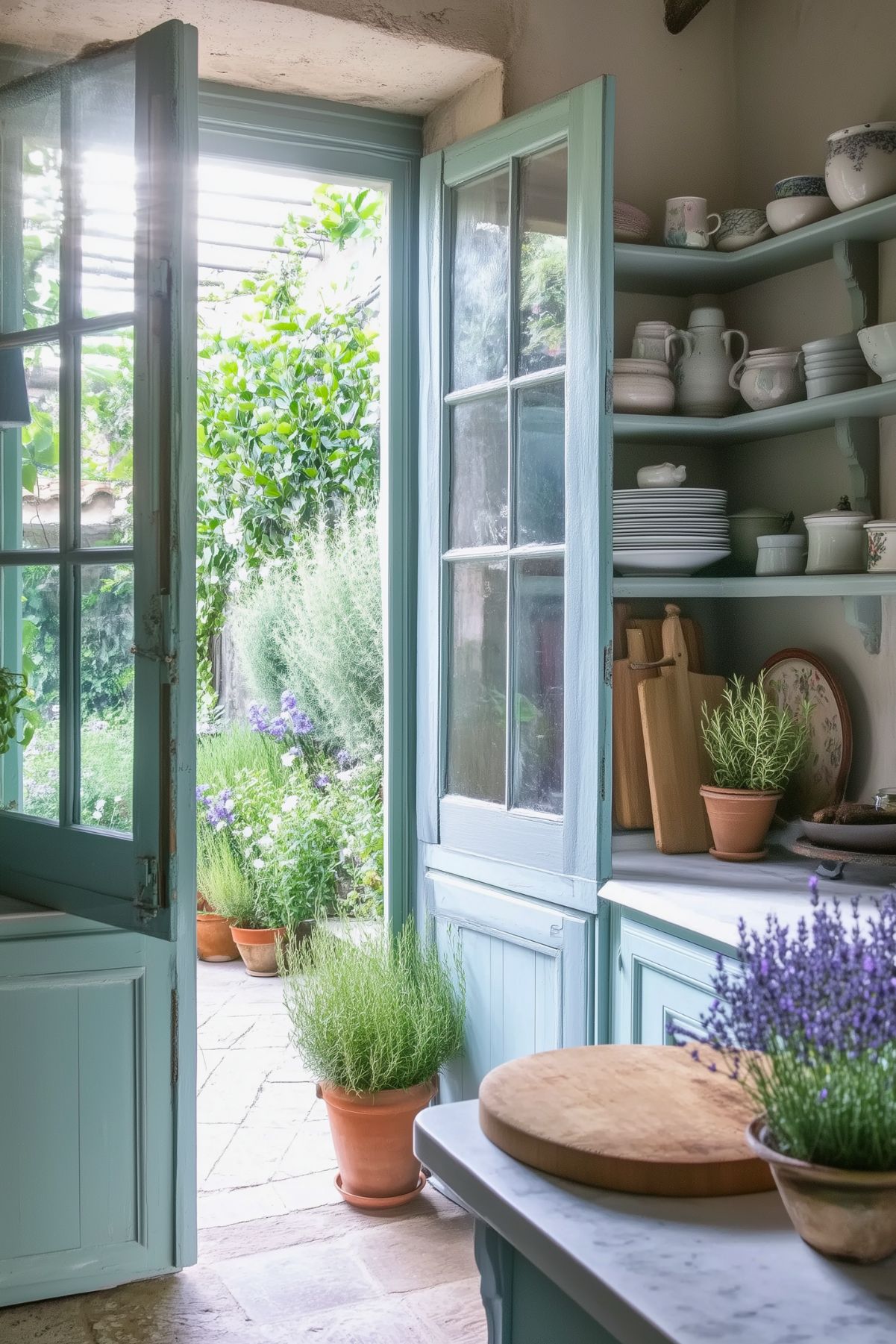 A picturesque French cottage kitchen with soft blue cabinetry and marble countertops. Open shelving displays delicate dishes and potted herbs, including rosemary and lavender. A Dutch door opens to a lush garden filled with greenery and blooming lavender, inviting natural light and a refreshing breeze. Terracotta pots with plants line the patio, blending indoor and outdoor charm seamlessly.