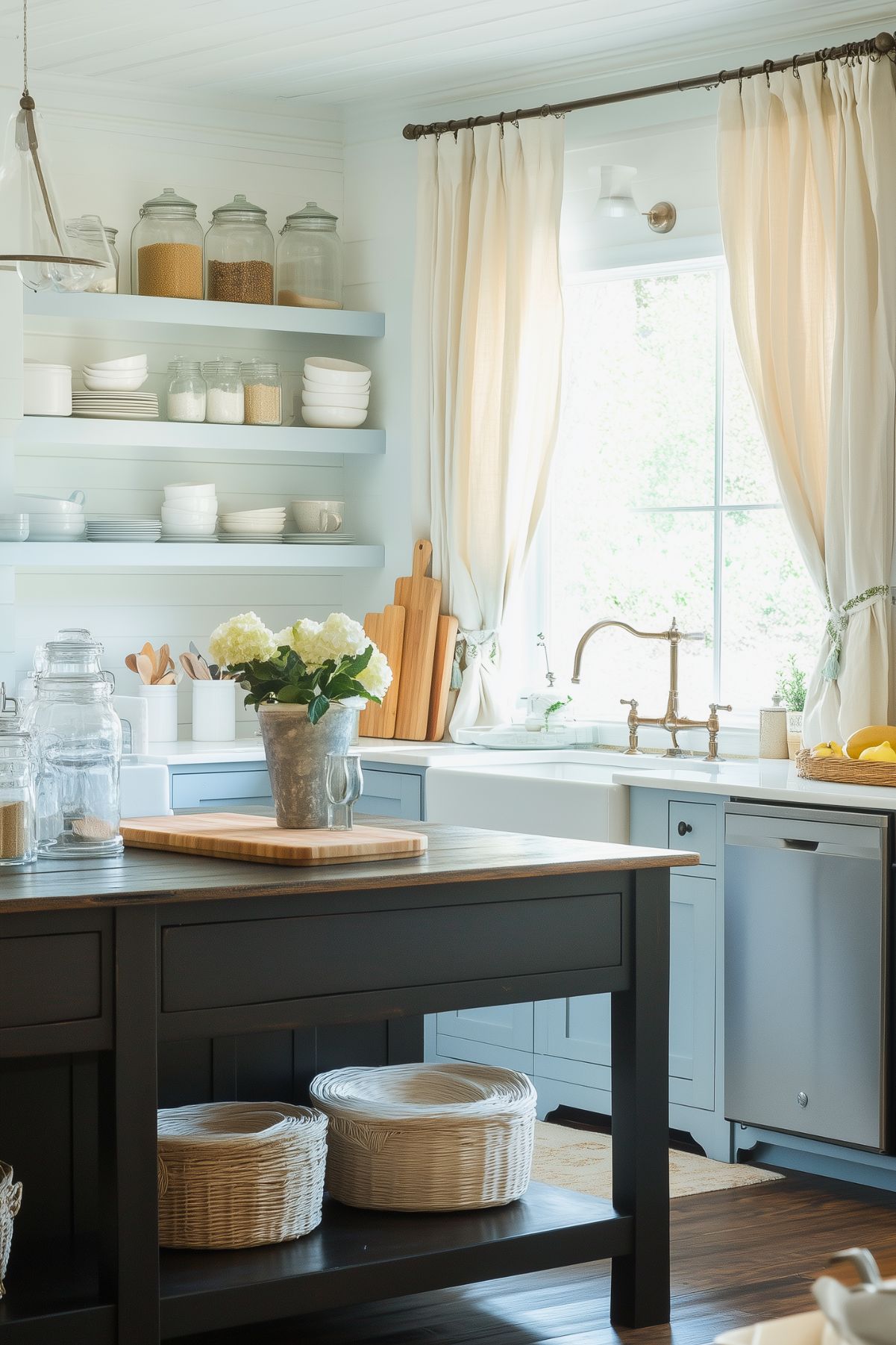 A bright and cozy French cottage kitchen with soft blue cabinetry and a farmhouse sink accented by a vintage brass faucet. Open shelves hold neatly arranged glass jars and white dishware, enhancing the airy ambiance. A dark wood island with wicker baskets underneath serves as a functional centerpiece, topped with fresh white hydrangeas in a rustic vase. Cream curtains frame a large window, flooding the space with natural light.