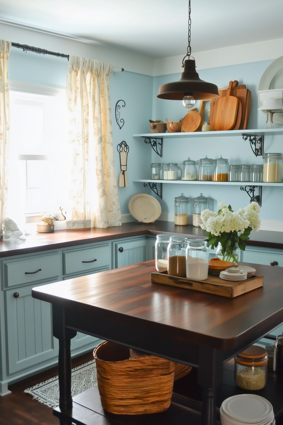 A cozy French cottage kitchen with soft blue beadboard cabinets, rich wooden countertops, and an island topped with a dark wood surface. Open shelves with ornate brackets hold glass jars filled with pantry staples and wooden cutting boards, adding functional charm. A rustic pendant light hangs above, and floral-patterned curtains frame a window that brightens the space. A vase of white hydrangeas completes the inviting and homey atmosphere.