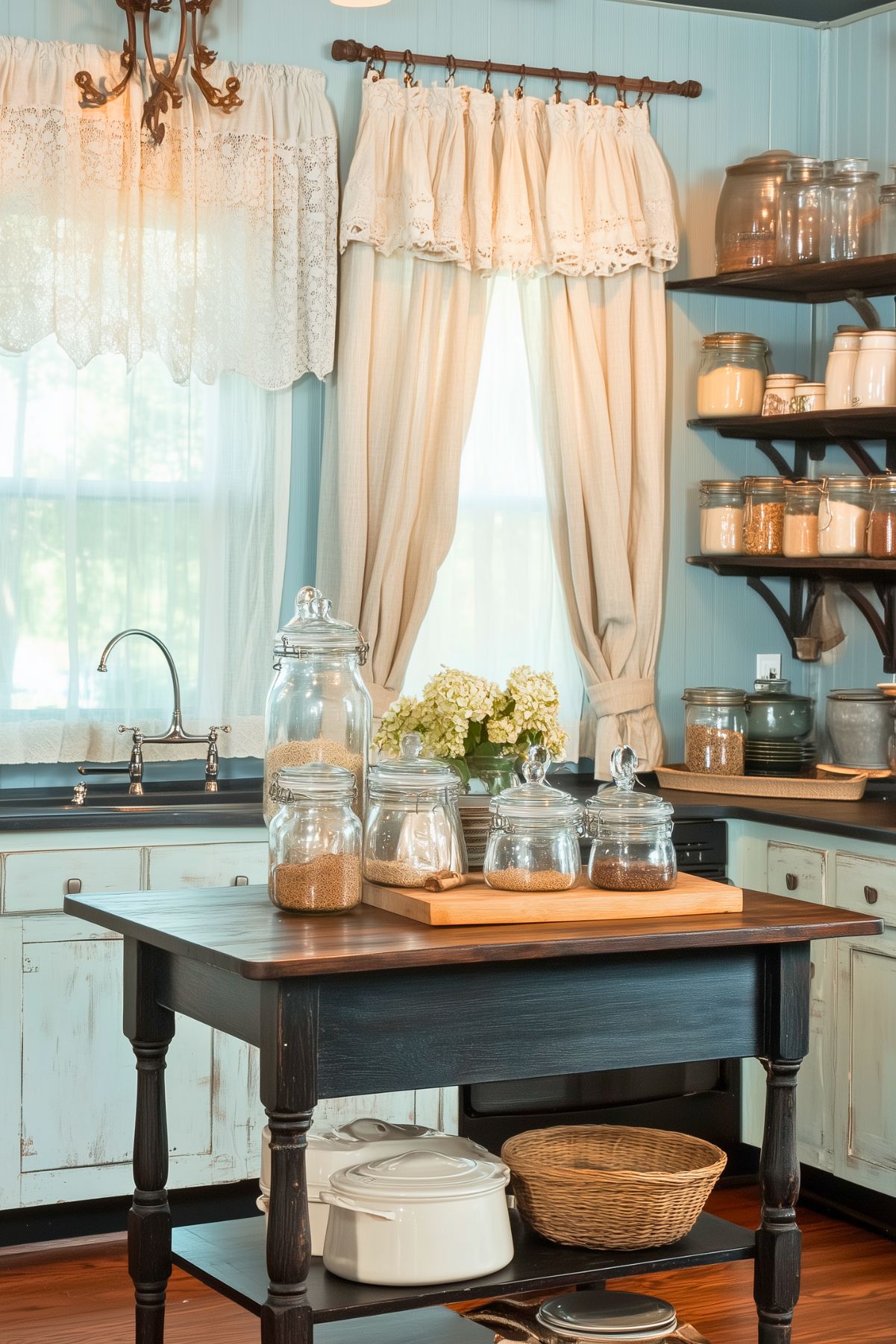 A charming French cottage kitchen with light blue beadboard walls and distressed white cabinets. The room features sheer lace curtains and ruffled drapes framing a farmhouse sink with a vintage-style faucet. A small wooden island holds glass jars filled with pantry staples, while open shelves display neatly arranged jars and dishes. A bouquet of white hydrangeas adds a fresh, cozy touch.