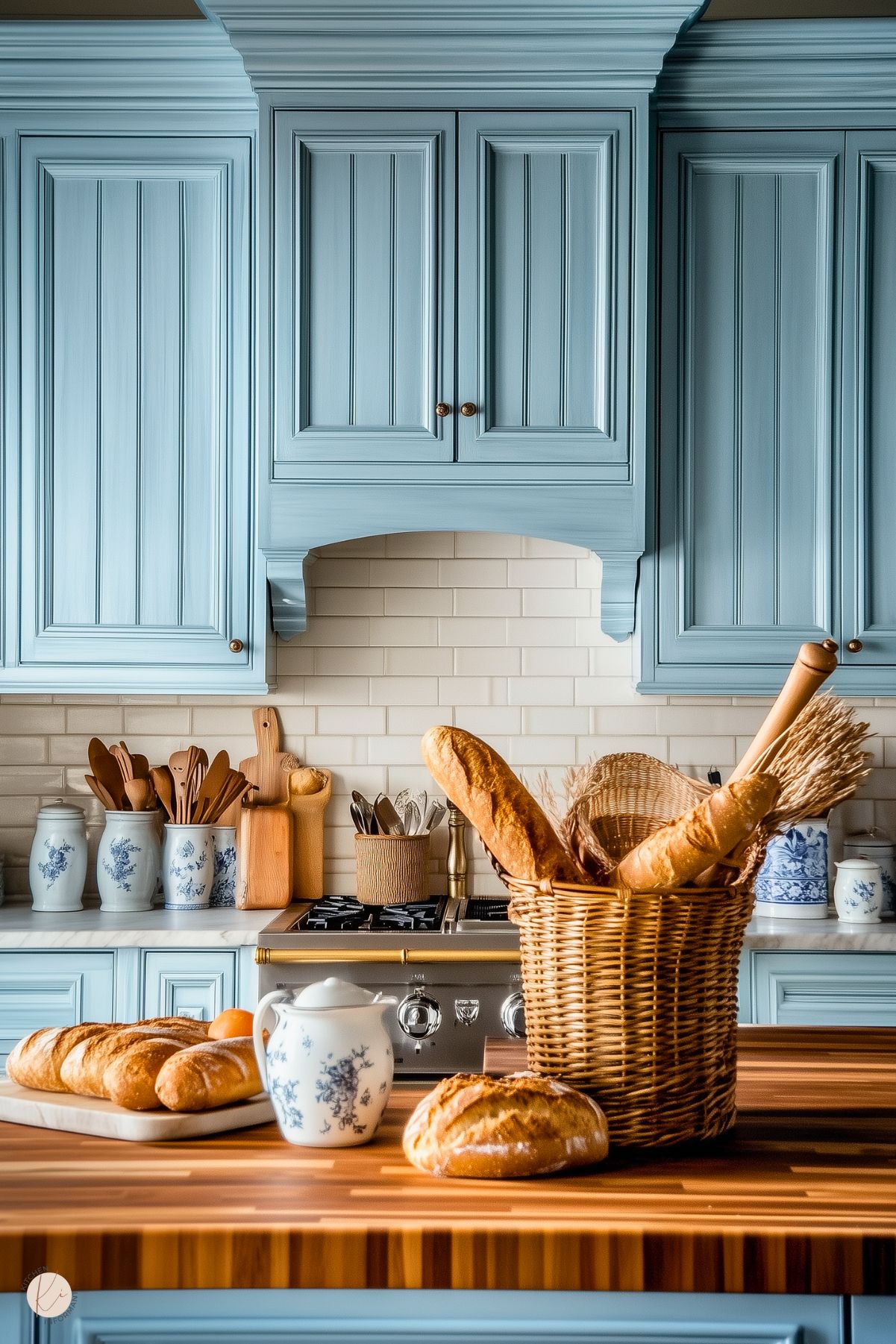 A cozy French cottage kitchen featuring powder blue paneled cabinets, a subway tile backsplash, and warm wood countertops. A wicker basket filled with fresh baguettes sits on the counter alongside loaves of bread and blue floral ceramic jars, adding a rustic, inviting charm to the space. Wooden utensils and cutting boards are neatly arranged near a stainless steel stove with brass accents.