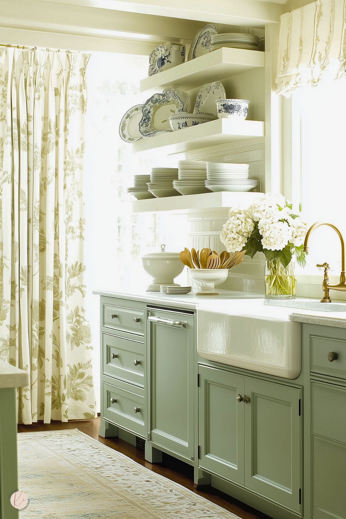 A charming French cottage kitchen with light blue beadboard walls, distressed white cabinetry, and dark wooden countertops. A central island features glass jars filled with pantry staples and a basket stored below for added rustic charm. Open shelves hold neatly arranged jars and dishware, while lace curtains and soft beige drapes frame a sunlit window, enhancing the cozy and inviting ambiance.