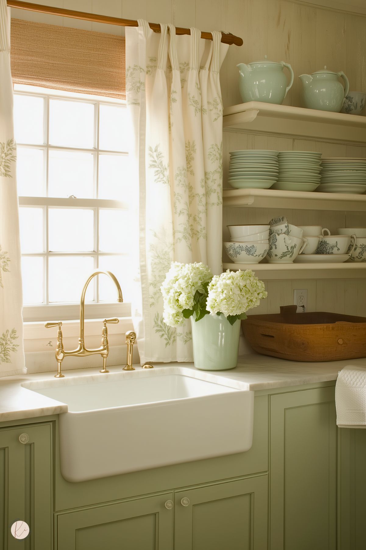 A serene French cottage kitchen featuring sage green cabinetry, a white farmhouse sink, and a polished brass faucet. The countertop is adorned with a vase of white hydrangeas, adding a fresh and elegant touch. Open shelving displays soft pastel dishware and delicate teapots, enhancing the cozy atmosphere. Floral-patterned curtains and a woven shade frame the window, allowing natural light to illuminate the space beautifully.