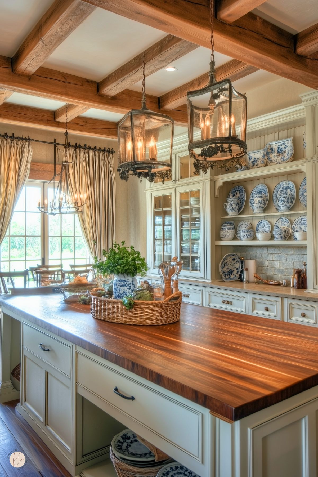 A refined French cottage kitchen with a large wooden island countertop, cream cabinetry, and exposed wooden ceiling beams. Decorative lantern-style chandeliers provide warm lighting, while an elegant display of blue and white china adorns open shelves and glass-front cabinets. A wicker basket with fresh herbs and vegetables sits on the island, adding a rustic touch. Floor-length striped curtains frame a sunlit window, enhancing the inviting ambiance.