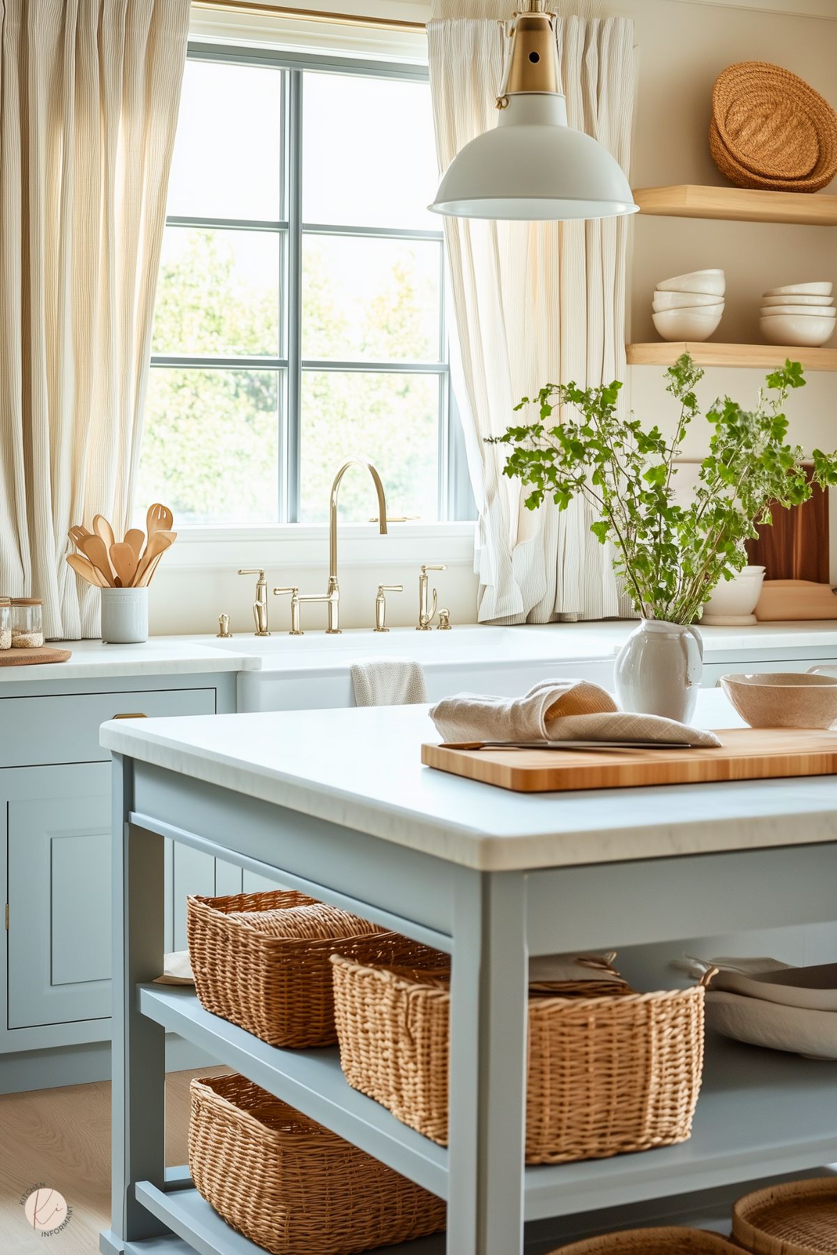 A bright and airy French cottage kitchen with soft blue cabinetry and a white farmhouse sink accented by a brass faucet. An island with open shelving neatly holds woven baskets for storage, while a vase with fresh greenery adds a lively touch. Light wood floating shelves display simple white dishes, and soft cream curtains frame a large window, flooding the space with natural light. A pendant lamp with brass detailing completes the cozy, inviting ambiance.