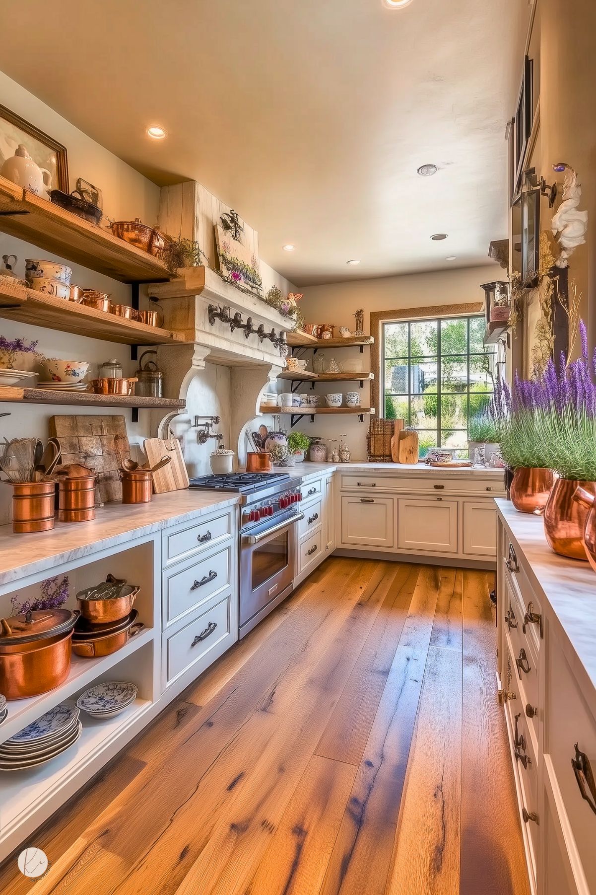 A rustic French cottage kitchen featuring open wooden shelving lined with copper pots, ceramic dishes, and floral accents. The white cabinetry is complemented by a marble countertop and a farmhouse-style range hood with decorative corbels. A large window provides natural light, while lavender plants in copper pots add a touch of color and charm. The warm wooden flooring enhances the cozy, inviting atmosphere.