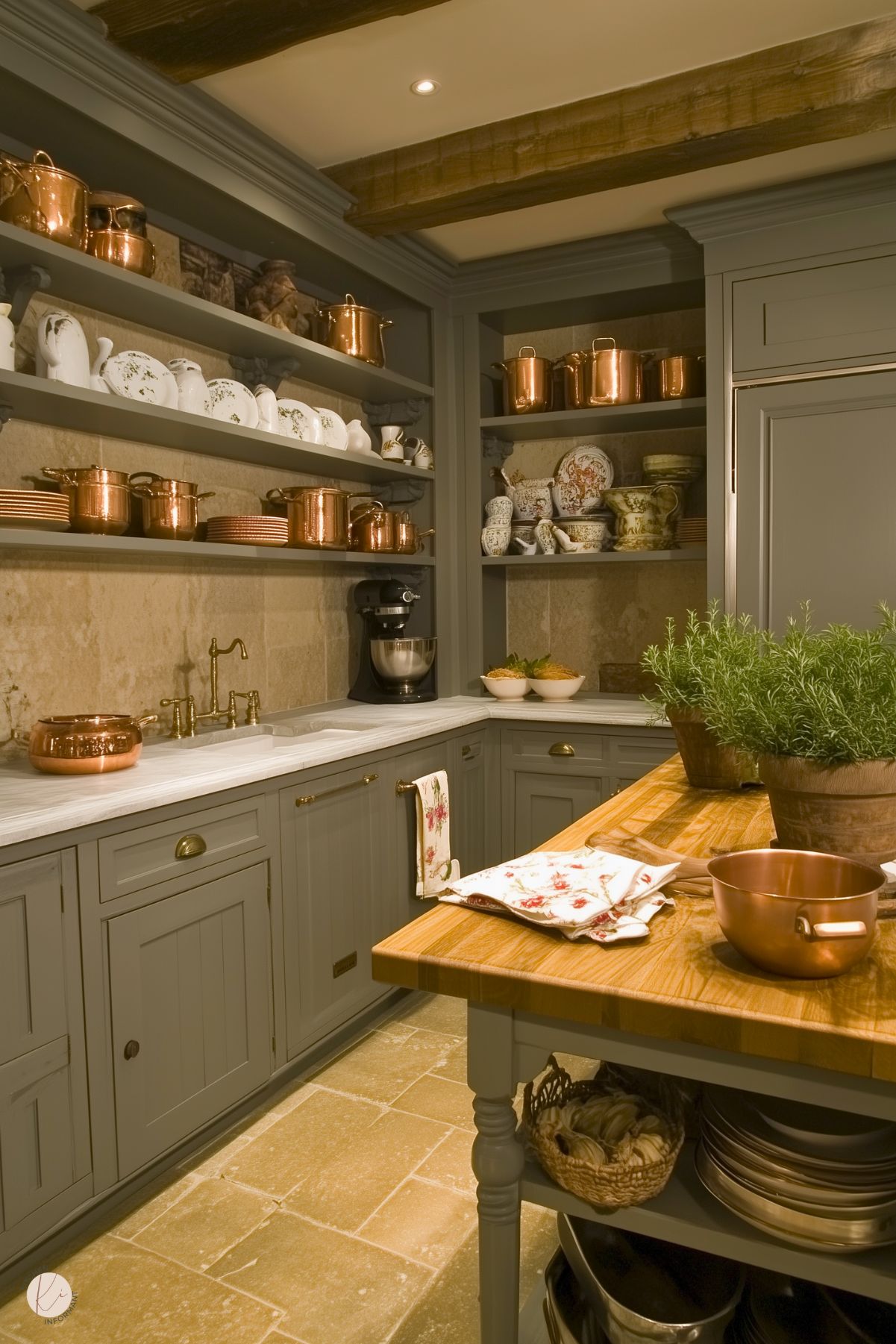 A warm and inviting French cottage kitchen with deep gray cabinetry and open shelving showcasing gleaming copper pots, delicate porcelain dishes, and vintage crockery. The countertops feature elegant white marble, complemented by a brass faucet. A rustic wooden island with potted rosemary adds natural charm, while exposed wooden beams and stone tile flooring enhance the rustic elegance of the space.