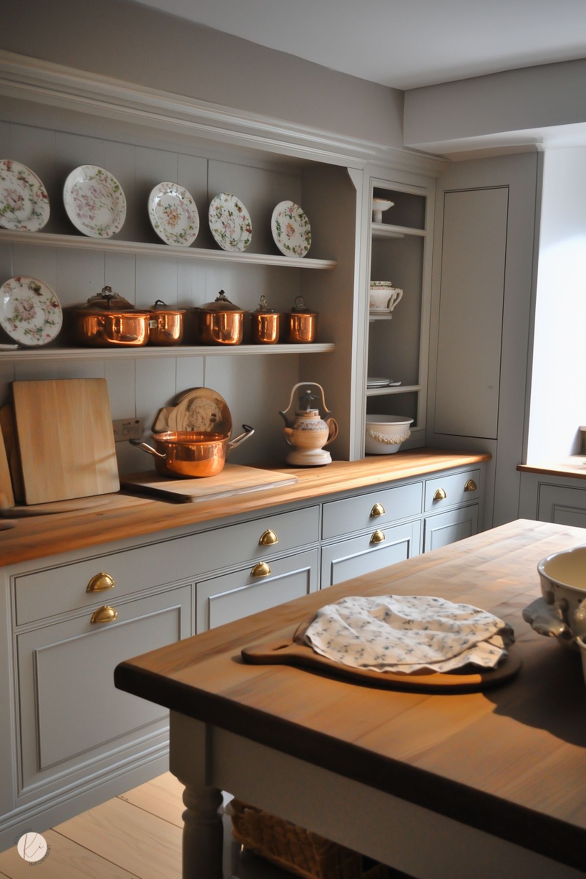 A sophisticated French cottage kitchen with muted gray cabinetry, wooden countertops, and brass cup handles. Open shelving showcases floral-patterned plates and gleaming copper pots, adding warmth and charm. Soft lighting highlights the elegant simplicity of the space, while a central island with a matching wooden surface provides a cozy workspace. The design exudes timeless functionality and understated beauty.