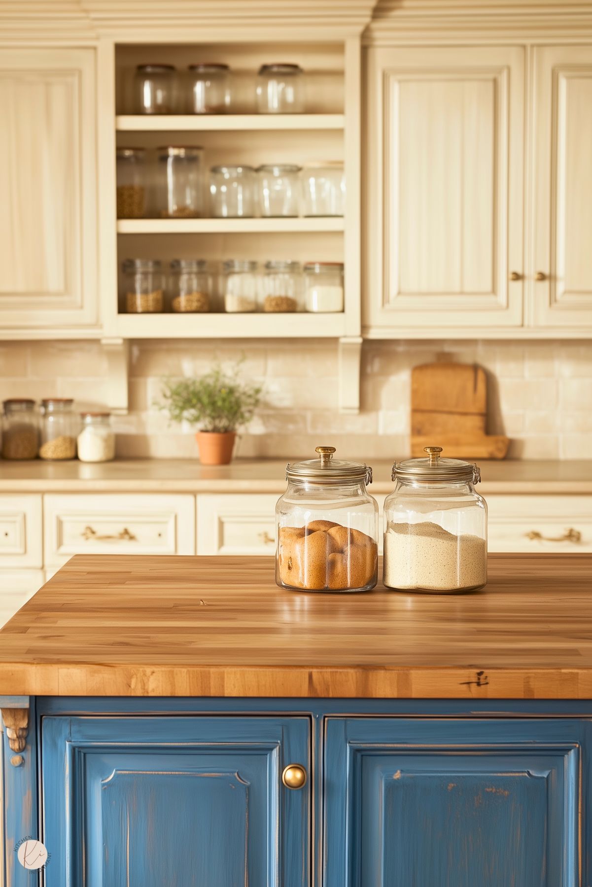 A charming French cottage kitchen featuring cream cabinetry and a vibrant blue island with a butcher block countertop. Glass jars filled with pantry essentials sit on the island, while open shelves neatly display additional jars and dry goods. A potted herb adds a touch of greenery, and a tiled backsplash complements the warm, rustic ambiance of the space. The blend of colors and textures creates a cozy yet elegant look.