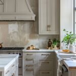 The image shows a luxurious greige kitchen featuring shaker-style cabinetry with gold hardware and a custom range hood. The backsplash has a distressed, textured beige finish, adding a unique, artistic touch. A marble countertop holds decorative items, including a gold coffee pot and greenery. A farmhouse sink and modern faucet are visible near a window, bringing in natural light and highlighting the warm, inviting aesthetic.