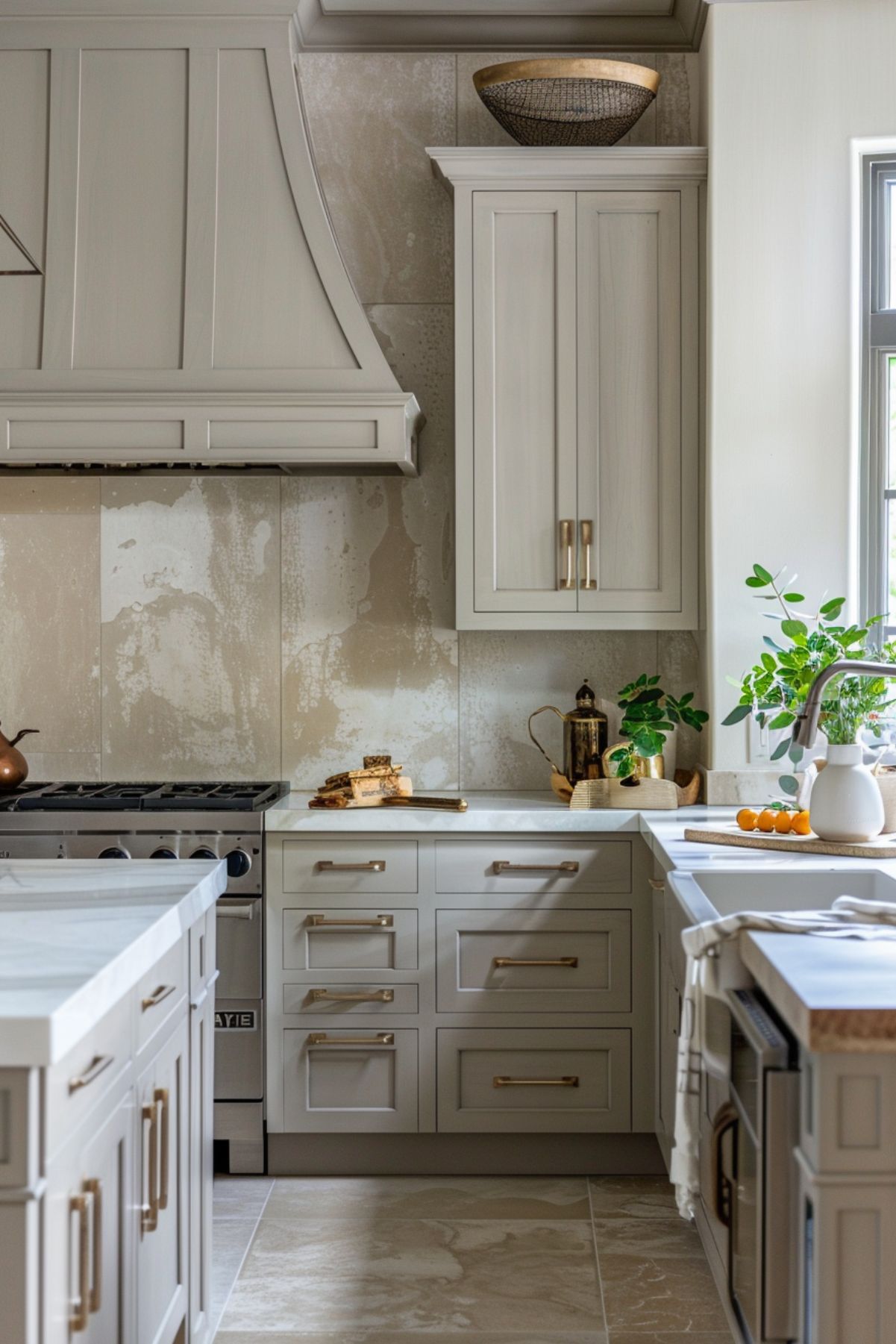 The image shows a luxurious greige kitchen featuring shaker-style cabinetry with gold hardware and a custom range hood. The backsplash has a distressed, textured beige finish, adding a unique, artistic touch. A marble countertop holds decorative items, including a gold coffee pot and greenery. A farmhouse sink and modern faucet are visible near a window, bringing in natural light and highlighting the warm, inviting aesthetic.