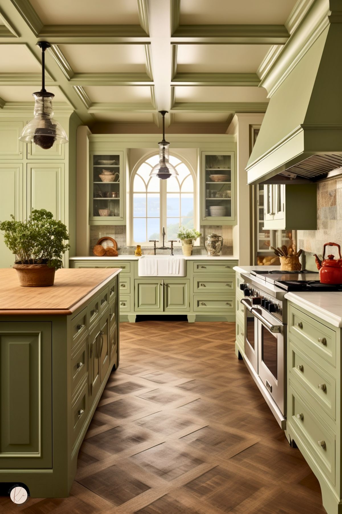 A charming kitchen with sage green cabinetry and a coffered ceiling. The centerpiece is a large island with a butcher block countertop, while the surrounding cabinets feature elegant hardware and glass-front uppers. An arched window above a white farmhouse sink provides a stunning view and natural light. The herringbone wood flooring adds warmth, and vintage pendant lights lend character. A tiled backsplash complements the design, enhancing the rustic yet refined aesthetic.