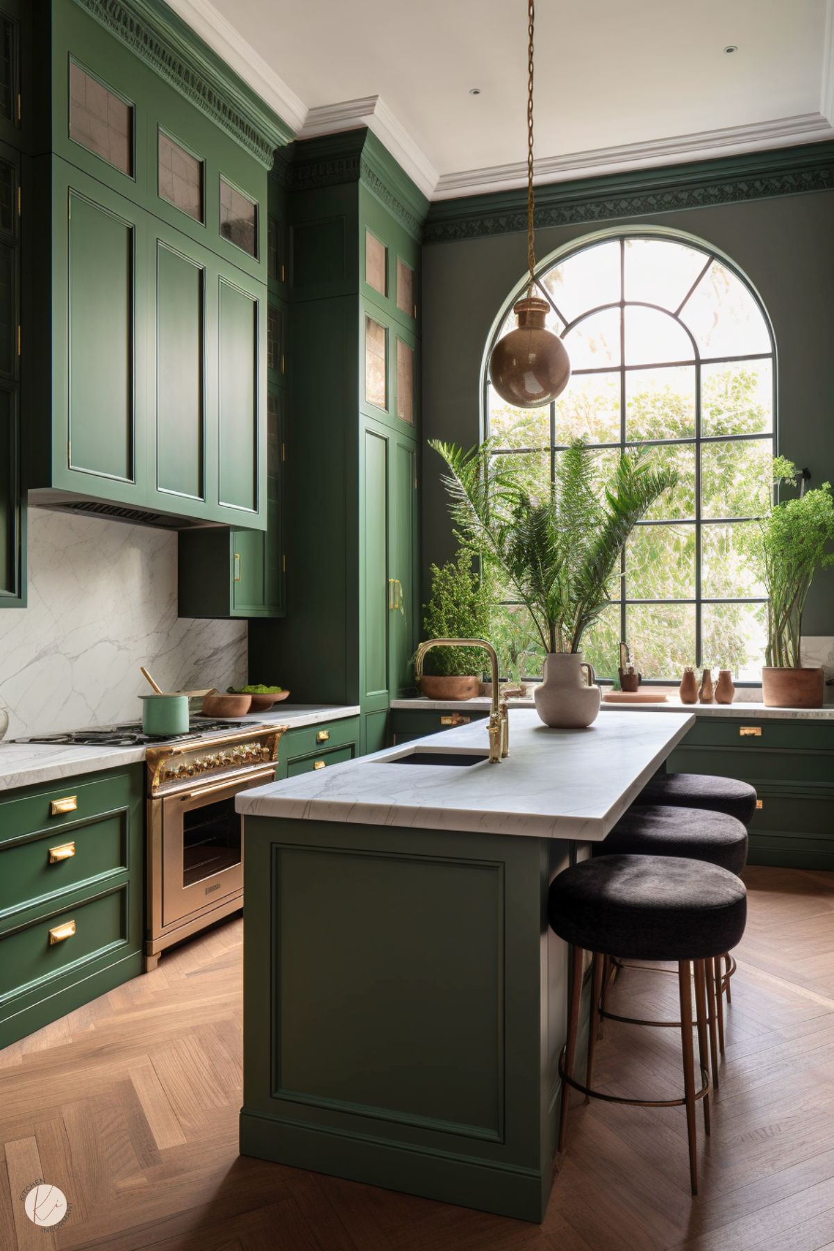 A modern kitchen with deep green cabinetry, gold hardware, and a marble countertop. A large arched window floods the space with natural light, highlighting potted plants and creating a fresh, airy atmosphere. A brass faucet and a matching stove with gold accents complement the decor. Dark cushioned barstools line the kitchen island, and the warm herringbone wood flooring adds texture.