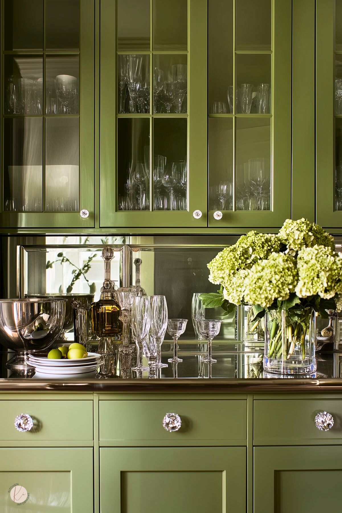 A refined kitchen vignette featuring sage green cabinetry with glass-front doors showcasing crystal glassware. A mirrored backsplash reflects light, adding depth and elegance to the space. The countertop displays a polished silver bowl filled with green apples, a glass vase of fresh hydrangeas, and decanters, creating a sophisticated and welcoming atmosphere. Crystal knob hardware adds a sparkling finishing touch.