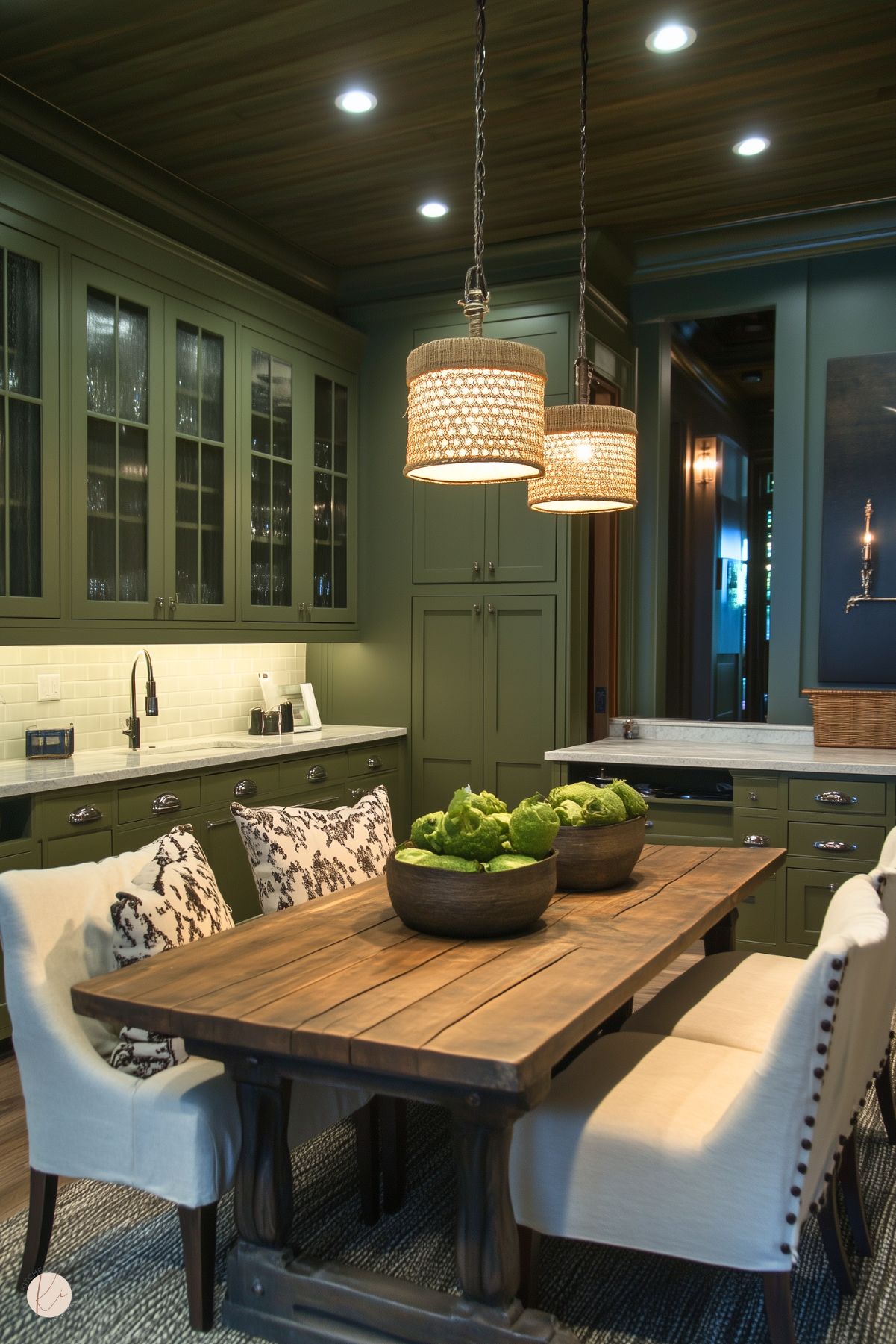 A cozy dining area in a kitchen with olive-green cabinetry and glass-front upper cabinets. A rustic wooden table is surrounded by upholstered chairs with decorative patterns, topped with bowls of fresh green vegetables as a centerpiece. Warm, woven pendant lights hang overhead, casting a soft glow. The backsplash features white subway tiles, and the countertops are a light, smooth surface, complementing the earthy tones and textured ceiling.