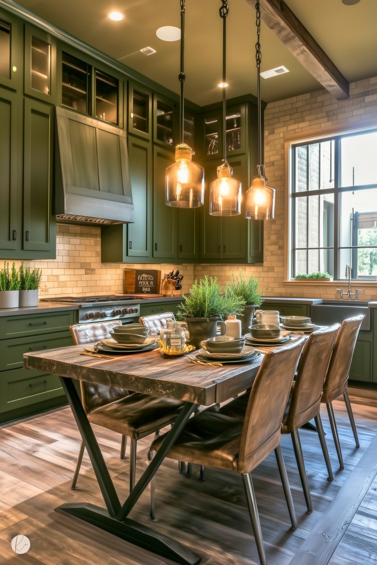 A modern kitchen with deep green cabinetry and a matching range hood, paired with a light subway tile backsplash. A rustic wooden dining table with a sleek metal base is surrounded by leather-upholstered chairs. Glass pendant lights hang overhead, casting a warm glow. Potted herbs serve as a natural centerpiece, adding freshness to the space. Large windows bring in natural light, enhancing the cozy yet industrial aesthetic.