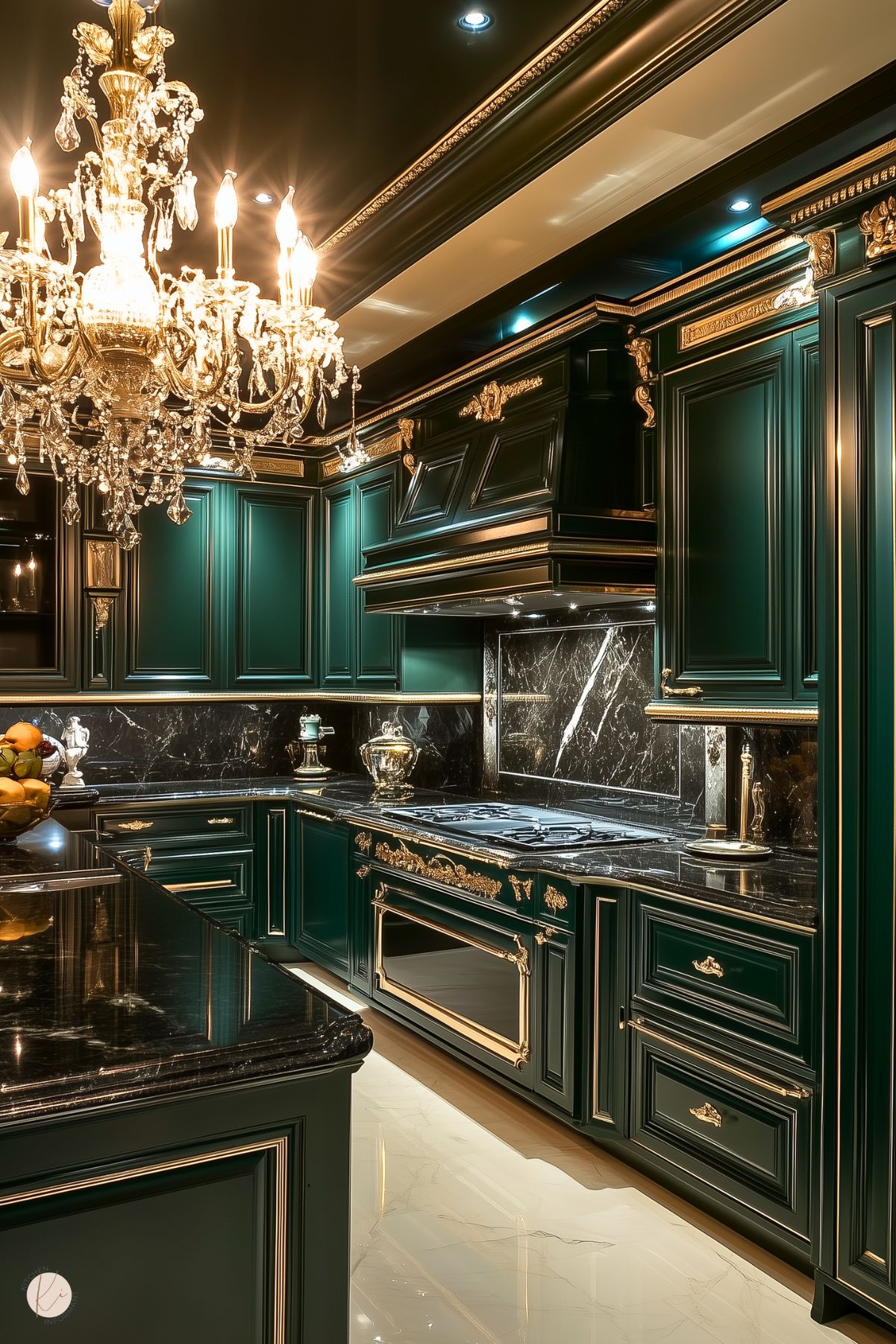 An opulent kitchen with emerald green cabinetry adorned with gold trim and ornate details. The luxurious black marble countertops and backsplash create a dramatic and elegant ambiance. A grand crystal chandelier hangs from the ceiling, illuminating the glossy finishes and reflective surfaces. Intricate gold embellishments on the cabinetry and range hood enhance the regal design, complemented by a polished marble floor.