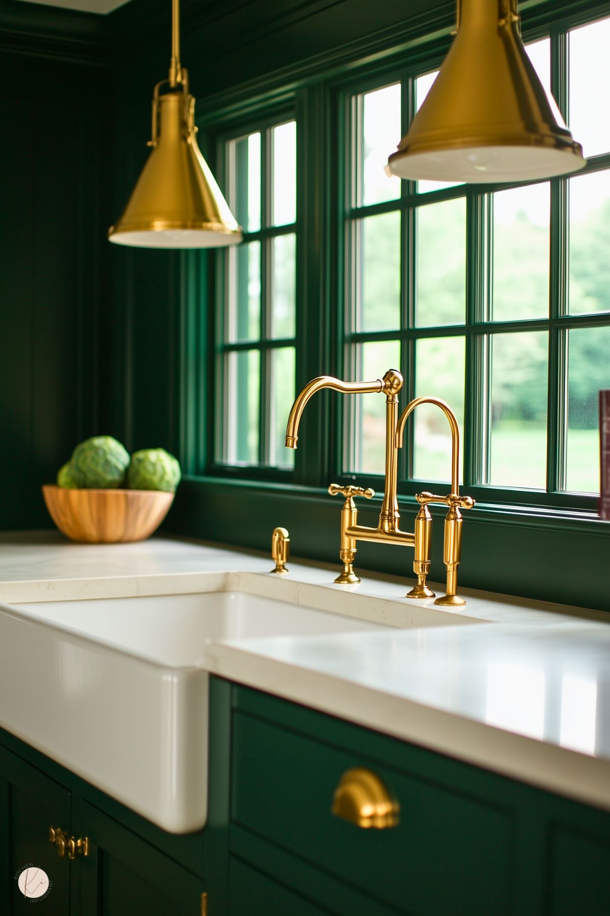 A close-up of a farmhouse-style sink with a white basin and sleek gold faucet set against dark green cabinetry. The countertop is a smooth, light surface, complementing the luxurious gold hardware. Large windows frame the backdrop, allowing natural light to highlight the details. Overhead, gold pendant lights add warmth to the space, while a wooden bowl filled with green vegetables adds a touch of natural decor.