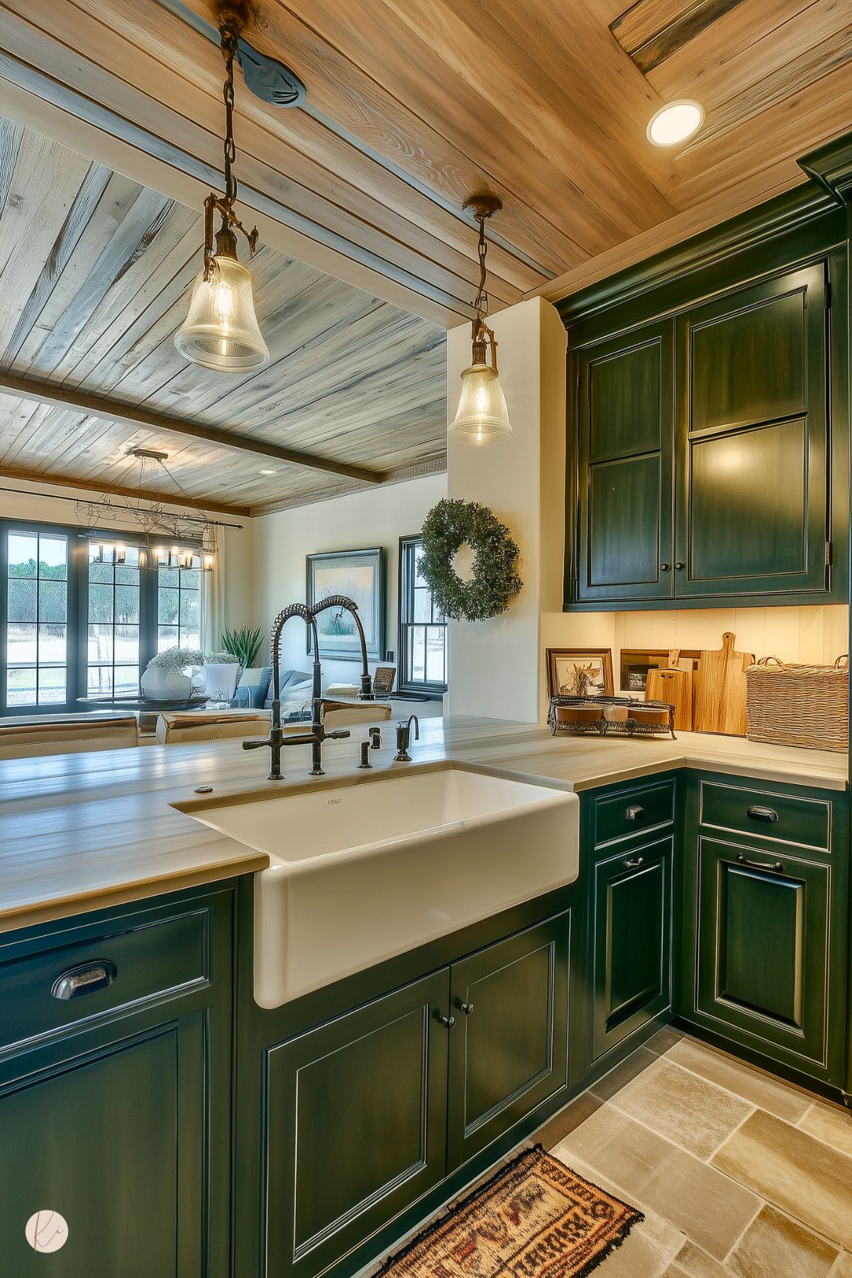 A cozy farmhouse kitchen featuring dark green cabinetry with black hardware and a large white apron-front sink. The countertops are light wood, matching the rustic wood-paneled ceiling. Clear pendant lights hang above, adding a warm glow. A small rug and decorative touches like a wreath and cutting boards enhance the welcoming atmosphere. Large windows in the background provide natural light and a view into a connected living space.