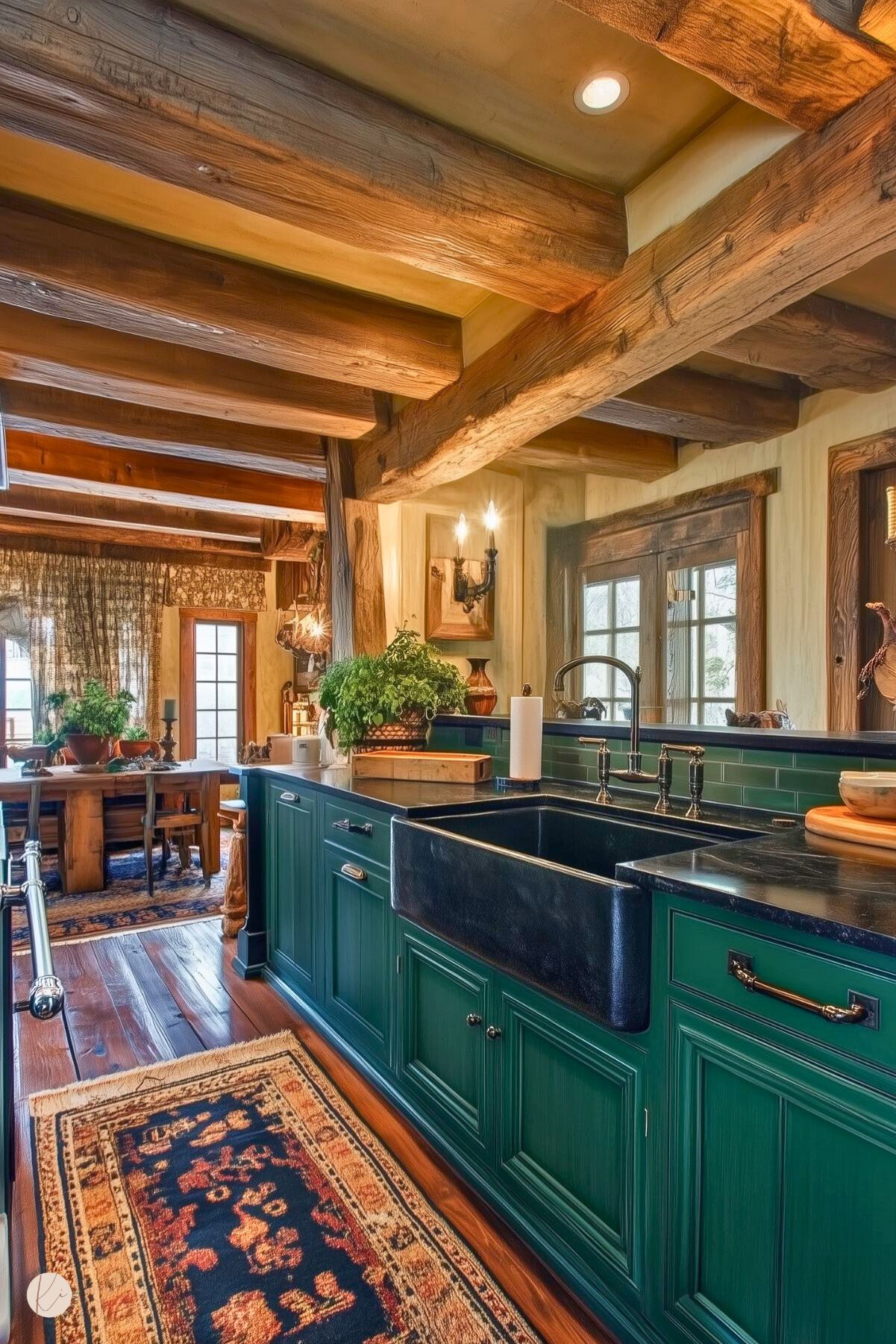 A rustic kitchen featuring deep green cabinetry and a black farmhouse sink with a sleek dark countertop. Exposed wooden beams and warm-toned wood flooring emphasize the cozy, country aesthetic. A decorative patterned rug adds texture, while potted greenery and antique-style wall sconces enhance the inviting ambiance. The space opens into a dining area with a large wooden table and natural light streaming through traditional windows and doors.