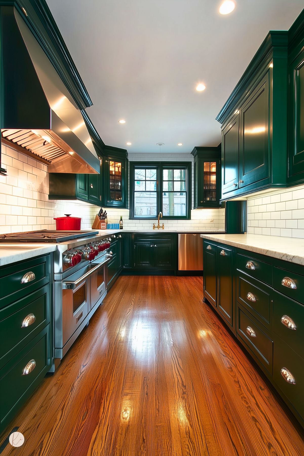 A sleek and modern kitchen with glossy deep green cabinetry and polished silver hardware. The space features a professional-grade stainless steel range with red knobs, a matching vent hood, and a white subway tile backsplash. Warm hardwood flooring adds contrast to the bold cabinetry. A farmhouse sink with a brass faucet is set beneath black-framed windows, while under-cabinet lighting illuminates the counters, creating a bright and inviting atmosphere.