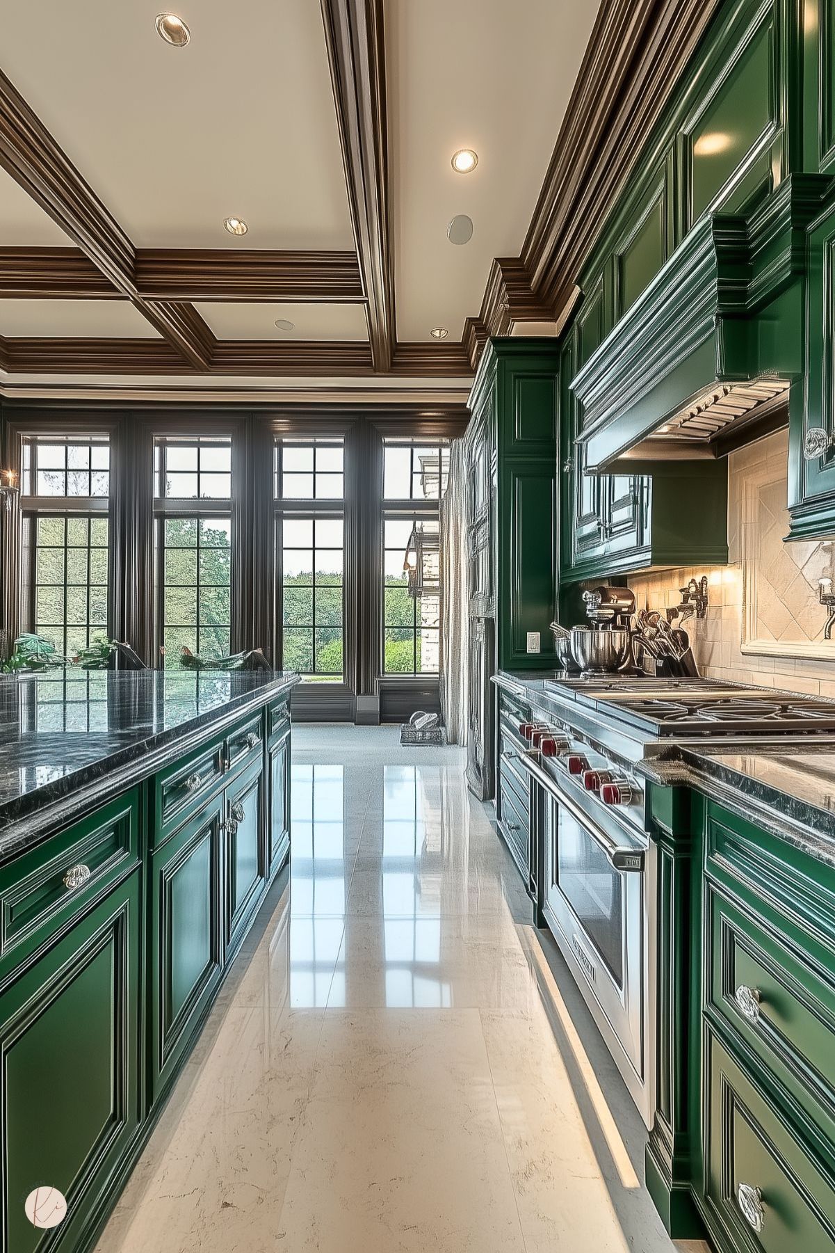 A luxurious kitchen with rich emerald green cabinetry featuring intricate paneling and chrome hardware. The black marble countertops and backsplash add a touch of elegance, while the coffered ceiling with dark wood accents enhances the grandeur. Large floor-to-ceiling windows provide abundant natural light and offer stunning outdoor views. The glossy light-tiled flooring complements the opulent design, creating a sophisticated and inviting atmosphere.