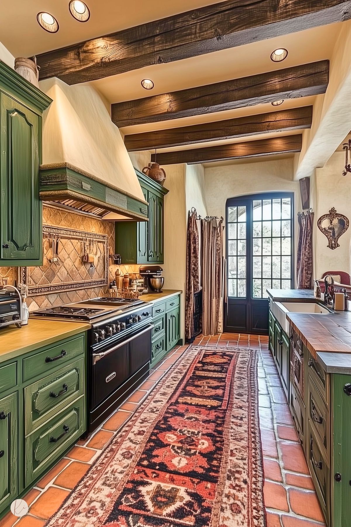 A rustic kitchen with deep green cabinetry and a warm terracotta tiled floor. The space features a black oven and range, a custom range hood with green trim, and a detailed tile backsplash with a diamond pattern. Exposed wooden ceiling beams add character, while a vintage runner rug provides warmth and texture. Natural light pours through a black-framed glass door, complemented by heavy draped curtains and wrought iron accents.