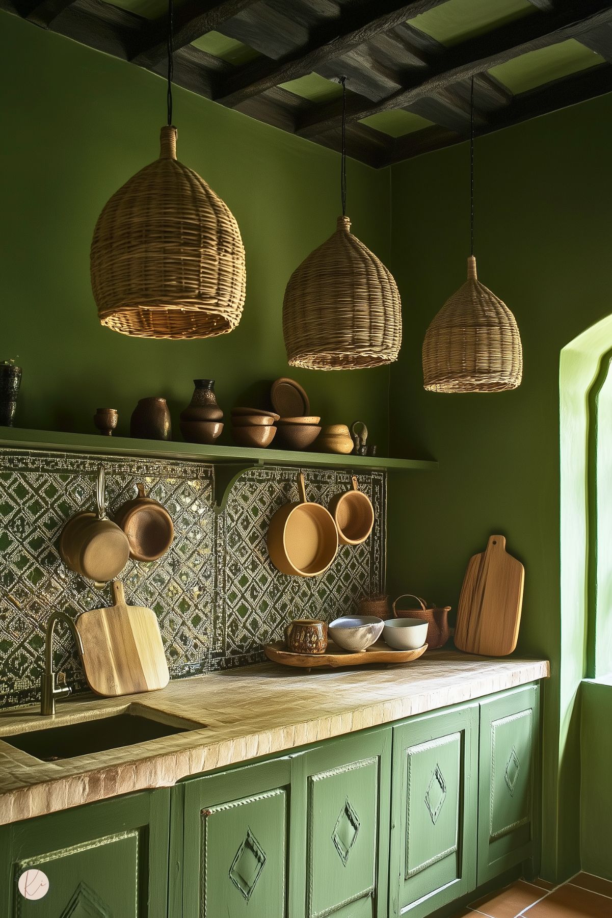 A rustic kitchen with earthy green cabinetry featuring carved diamond details. The countertop has a natural wood texture, complementing the warm tones of the terracotta floor tiles. A patterned tile backsplash adds intricate detail, while hanging woven pendant lights create a cozy, organic atmosphere. Open shelving displays clay pots and bowls, enhancing the rustic charm. A softly arched window allows light to filter in, completing the inviting space.