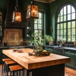 A sophisticated kitchen with dark green cabinetry, black countertops, and a farmhouse-style sink beneath large arched windows. The coffered ceiling features intricate designs, adding a vintage charm, while pendant lights with warm glowing bulbs hang over a large wooden island. The island is surrounded by wooden stools and decorated with fresh greenery. A patterned rug and ornate backsplash complete the warm, rustic aesthetic.