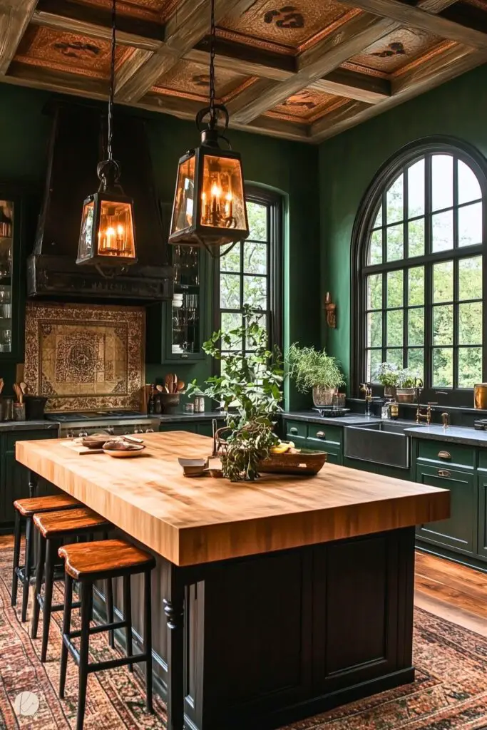 A sophisticated kitchen with dark green cabinetry, black countertops, and a farmhouse-style sink beneath large arched windows. The coffered ceiling features intricate designs, adding a vintage charm, while pendant lights with warm glowing bulbs hang over a large wooden island. The island is surrounded by wooden stools and decorated with fresh greenery. A patterned rug and ornate backsplash complete the warm, rustic aesthetic.