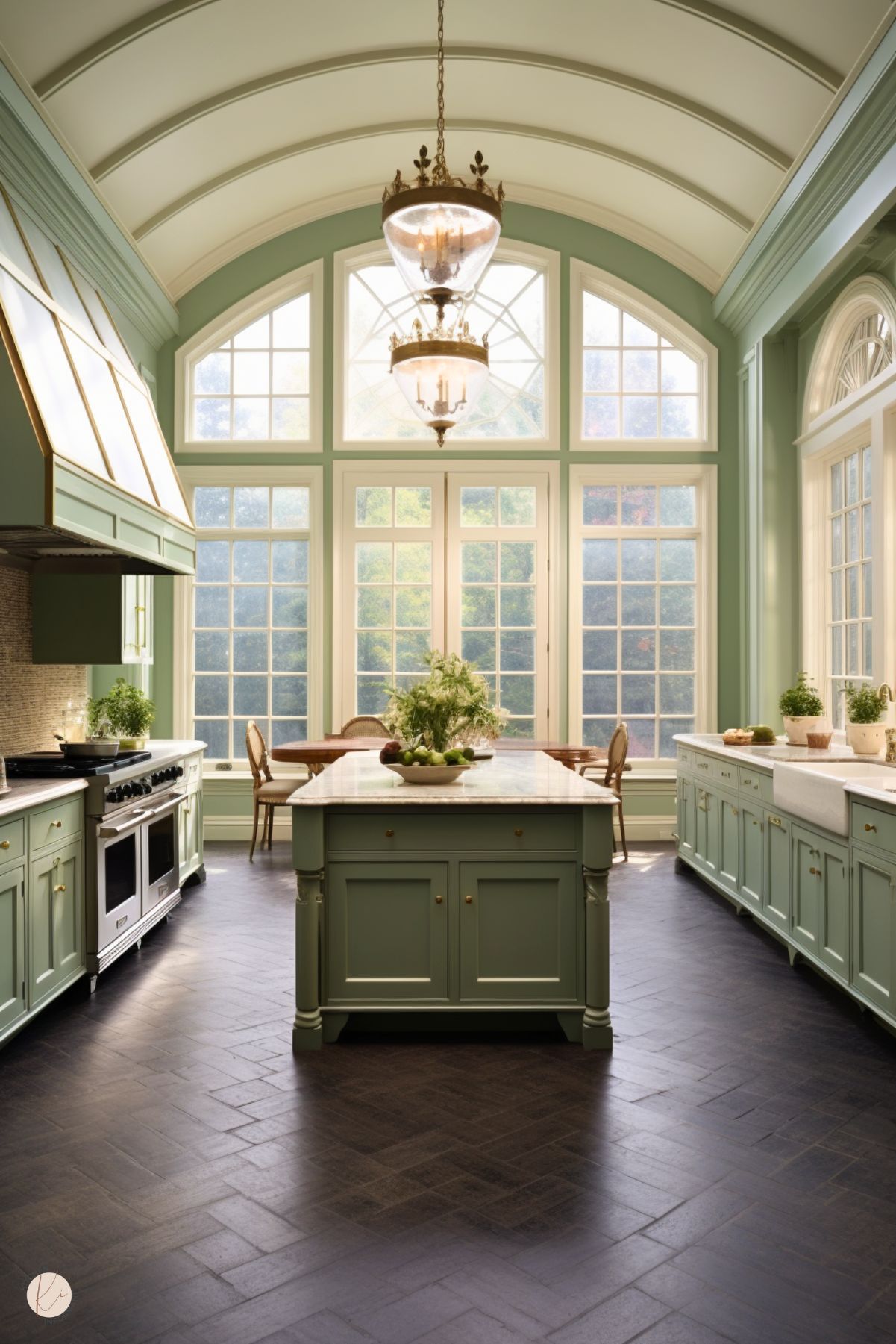 An elegant kitchen with soft green cabinetry and a large central island featuring a marble countertop. The space boasts vaulted ceilings with two ornate chandeliers and tall arched windows that flood the room with natural light. Dark herringbone flooring adds contrast, while decorative elements like potted plants and classic dining chairs enhance the sophisticated, airy atmosphere.